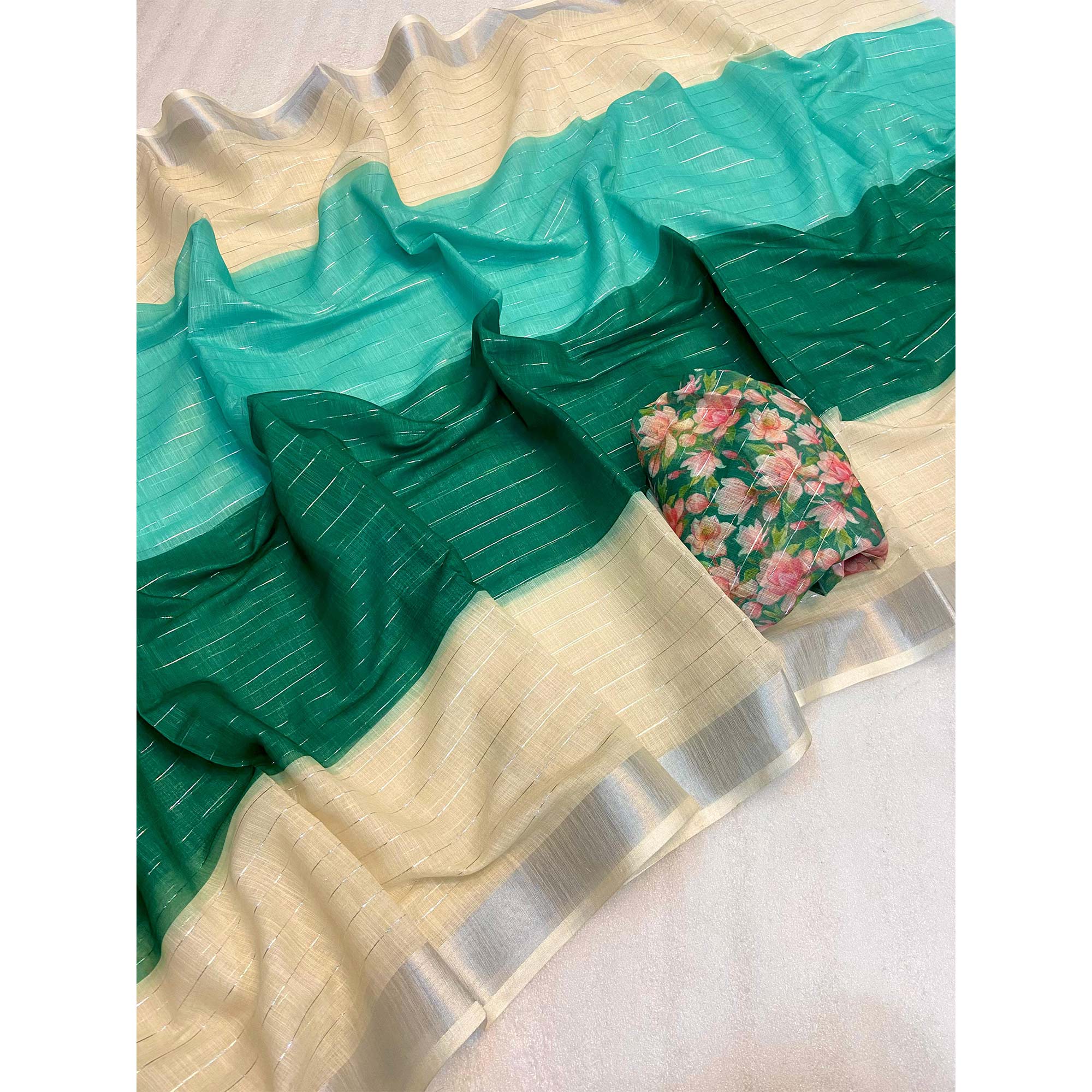Turquoise Zari Weaving Linen Saree - Image 3