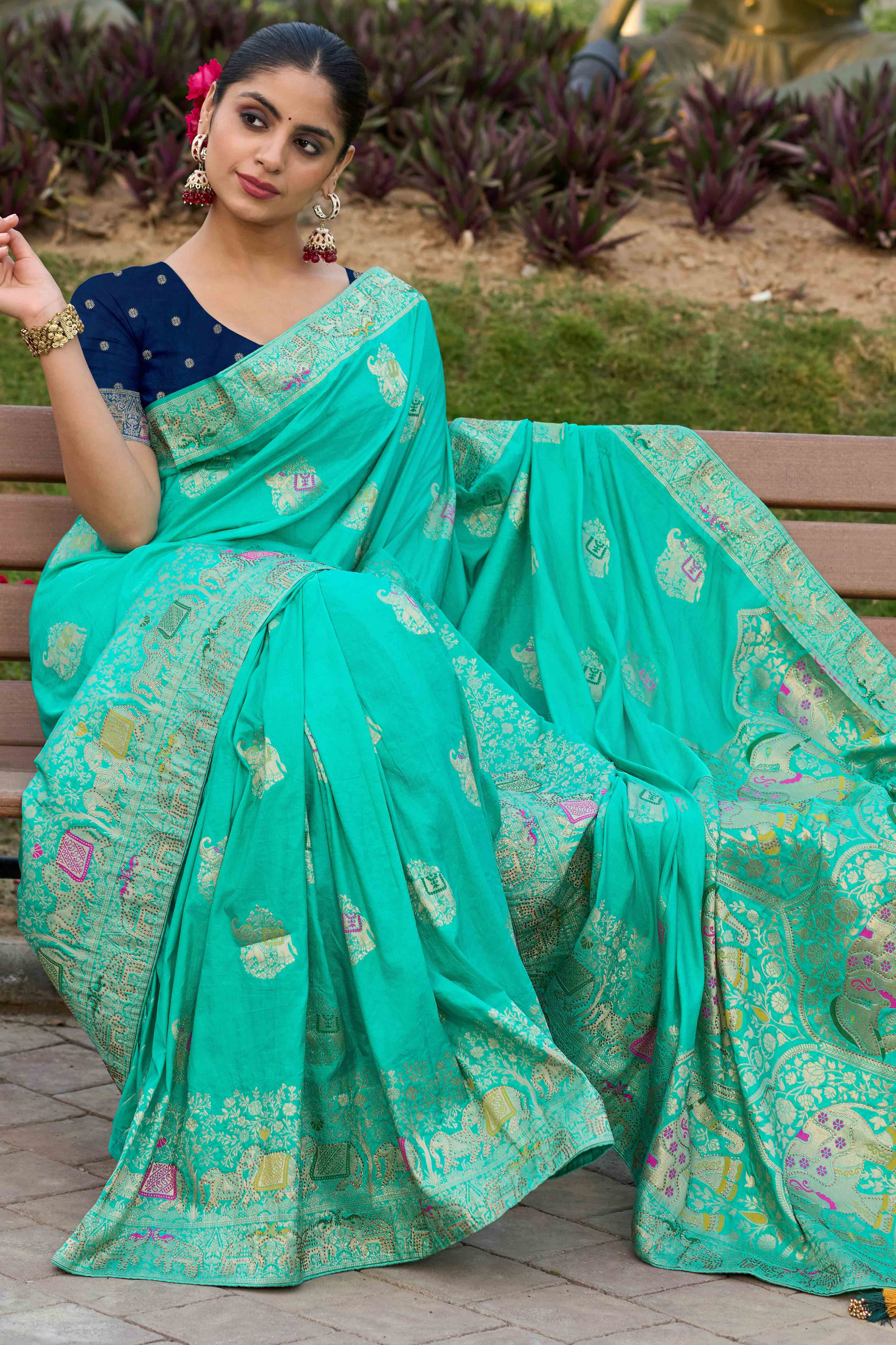 Turquoise Zari Woven Dola Silk Saree With Intricate Meenakari & Swarovski Embellishments - Image 2