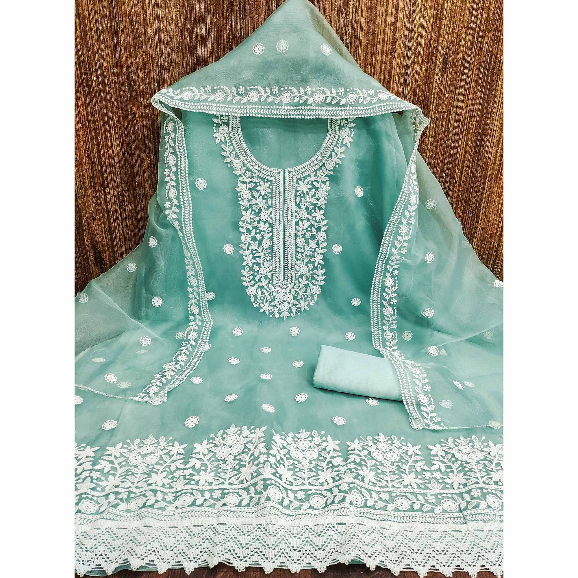 Unleash Your Style With This Turquoise Floral Thread Embroidered Organza Dress Material - Image 3