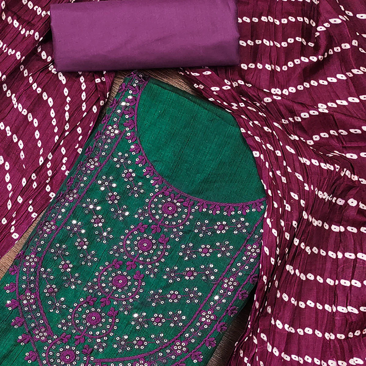 Unstitched Green Cotton Dress Material Enhanced with Thread Embroidery - Image 2
