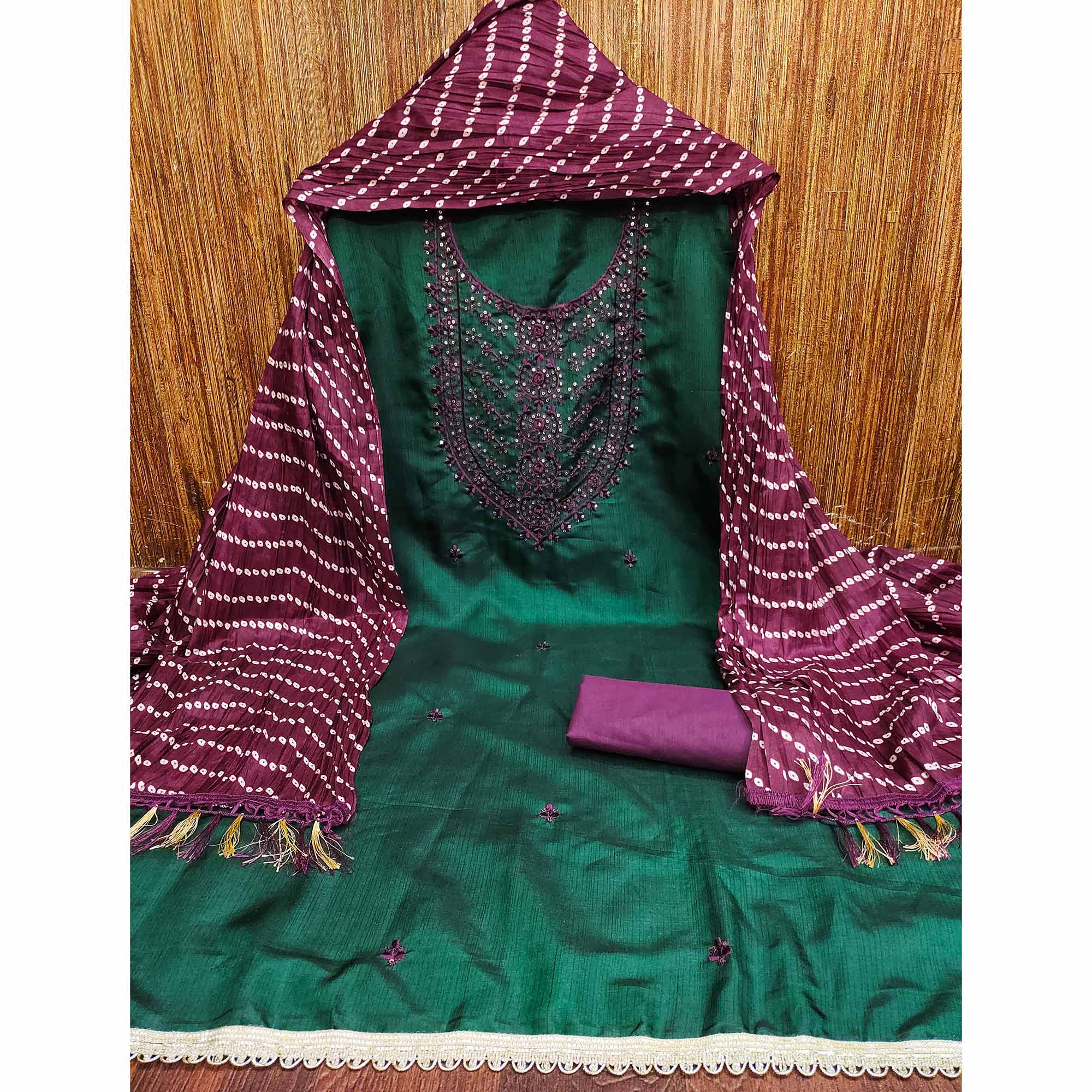 Unstitched Green Cotton Dress Material Enhanced with Thread Embroidery - Image 3
