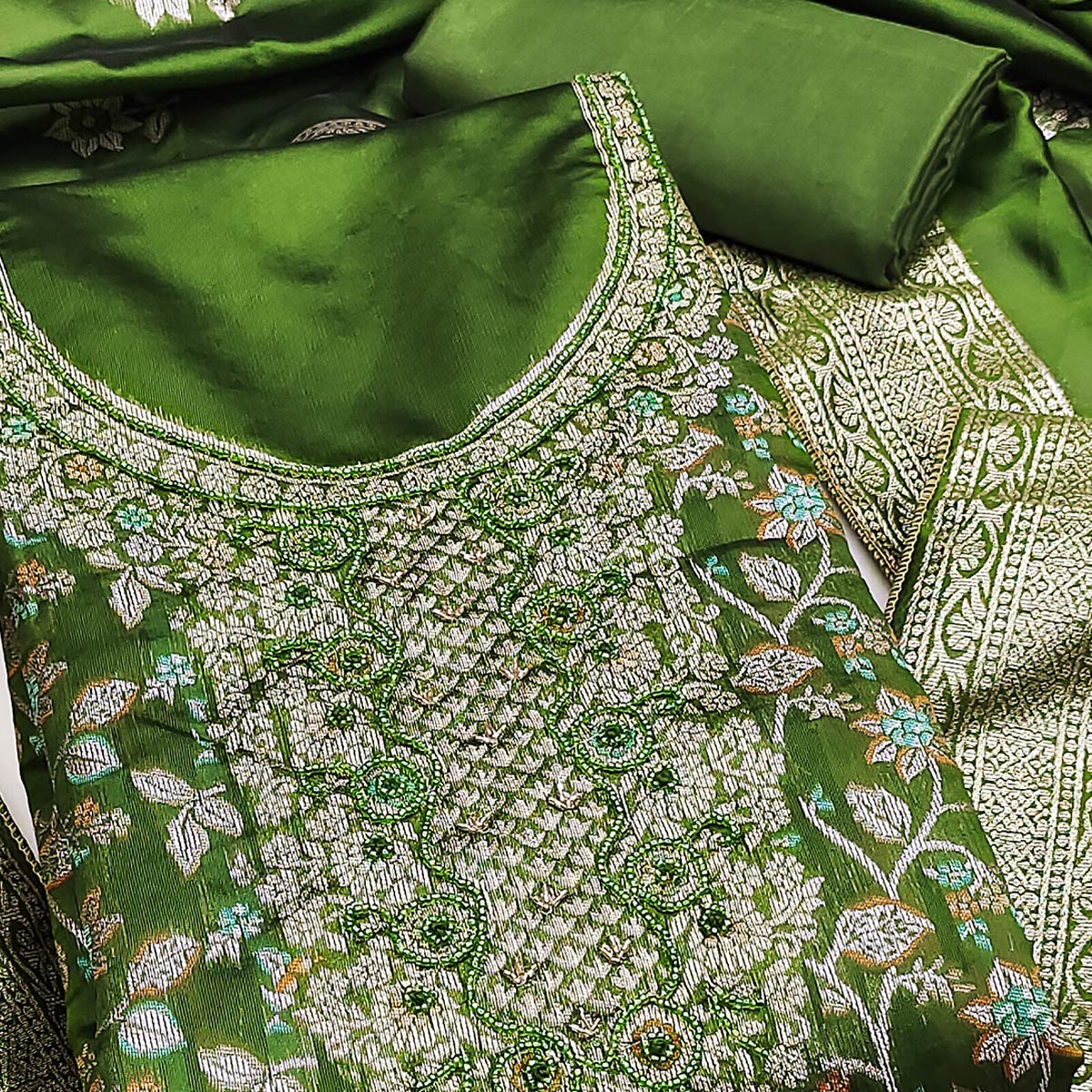 Unstitched Green Jacquard Dress Set with Traditional Zari Weaving - Image 2