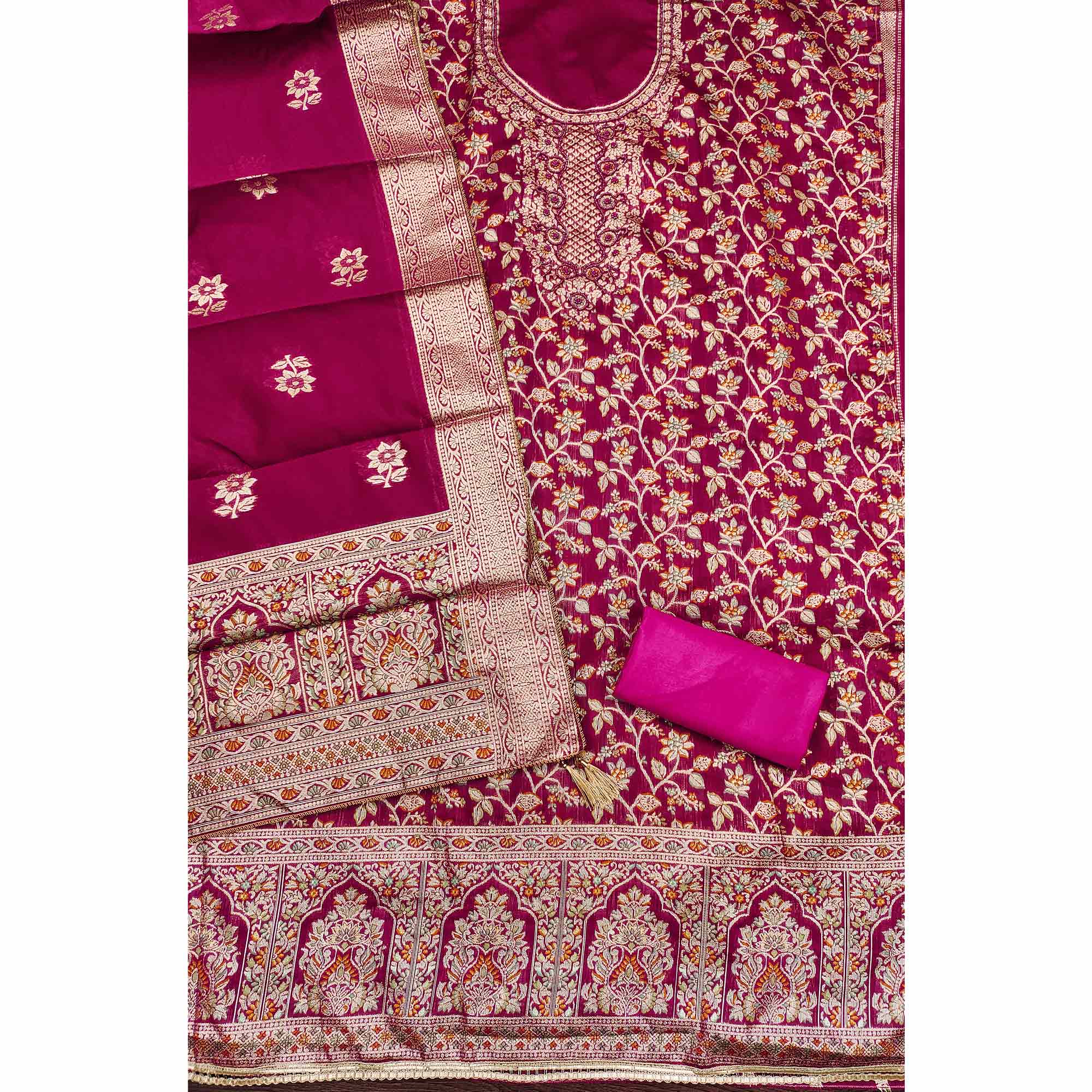 Unstitched Pink Jacquard Dress Set with Traditional Zari Weaving - Image 5