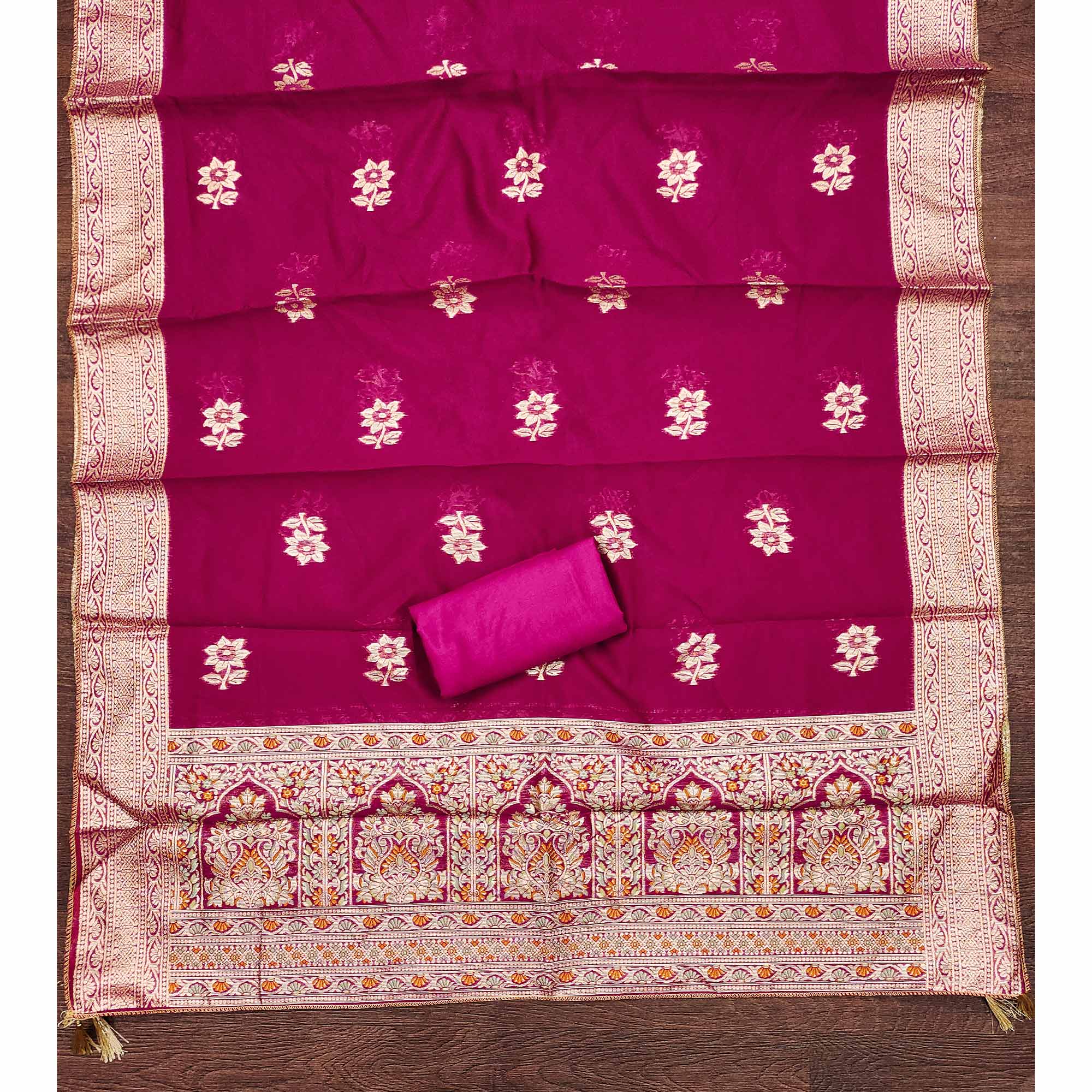 Unstitched Pink Jacquard Dress Set with Traditional Zari Weaving - Image 6