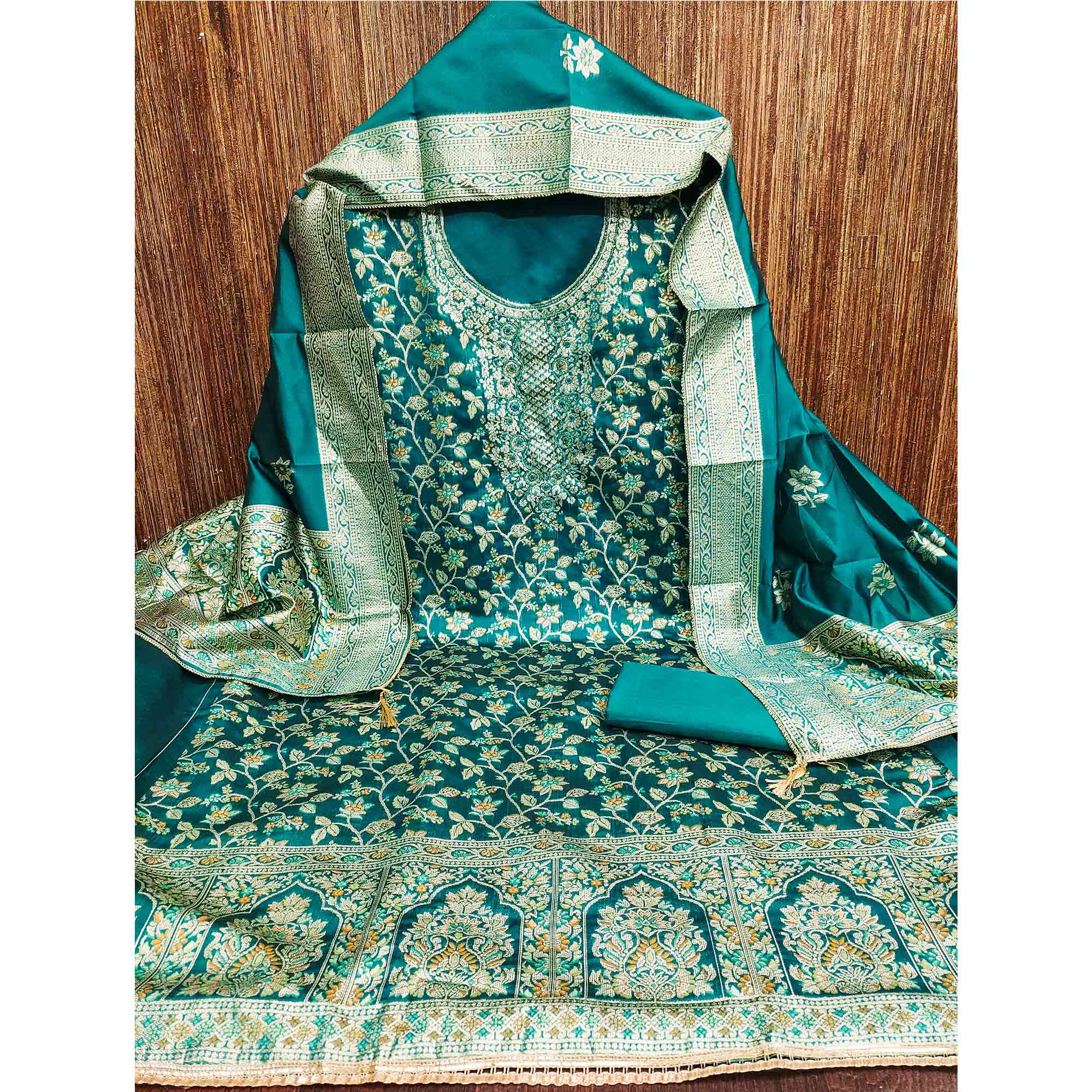 Unstitched Teal Jacquard Dress Set with Traditional Zari Weaving - Image 4