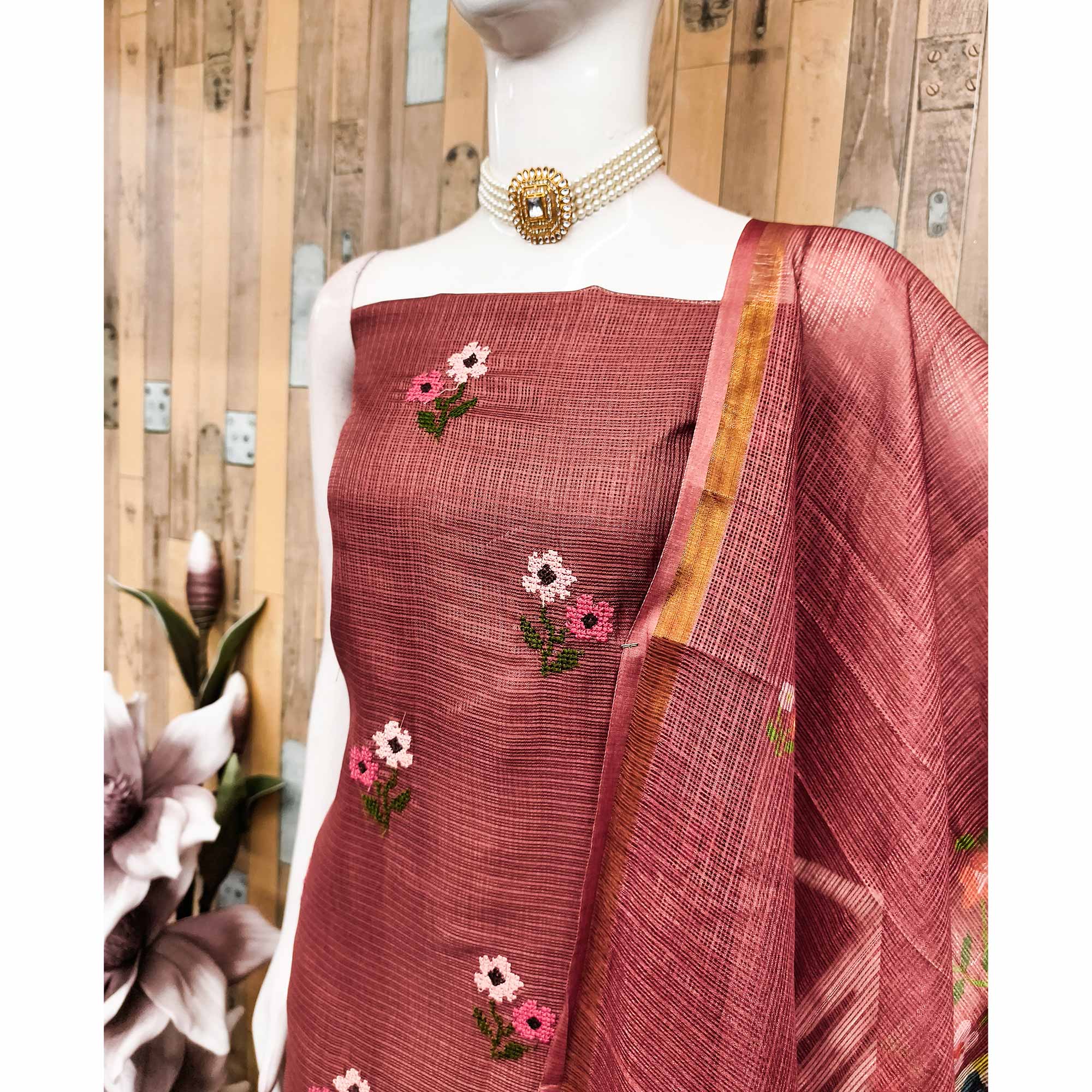 Unstitched Rust Suit Set in Soft Kota Doria Adorned with Floral Embroidery - Image 4