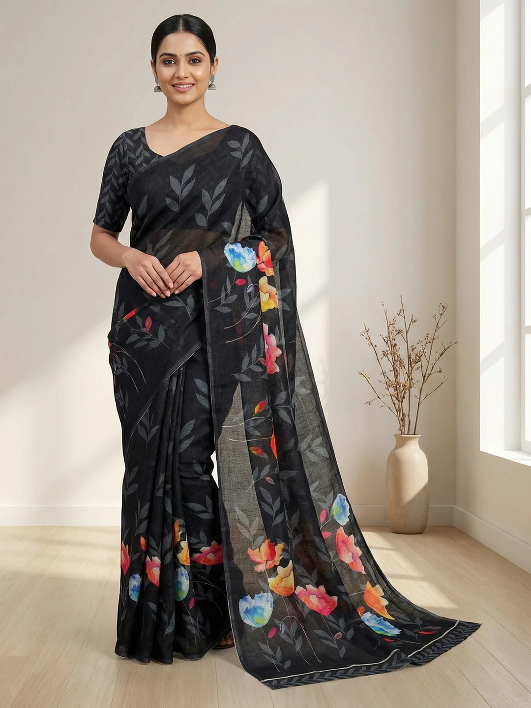 Urban Style Black Floral Printed Linen Saree with Comfortable and Elegant Finish