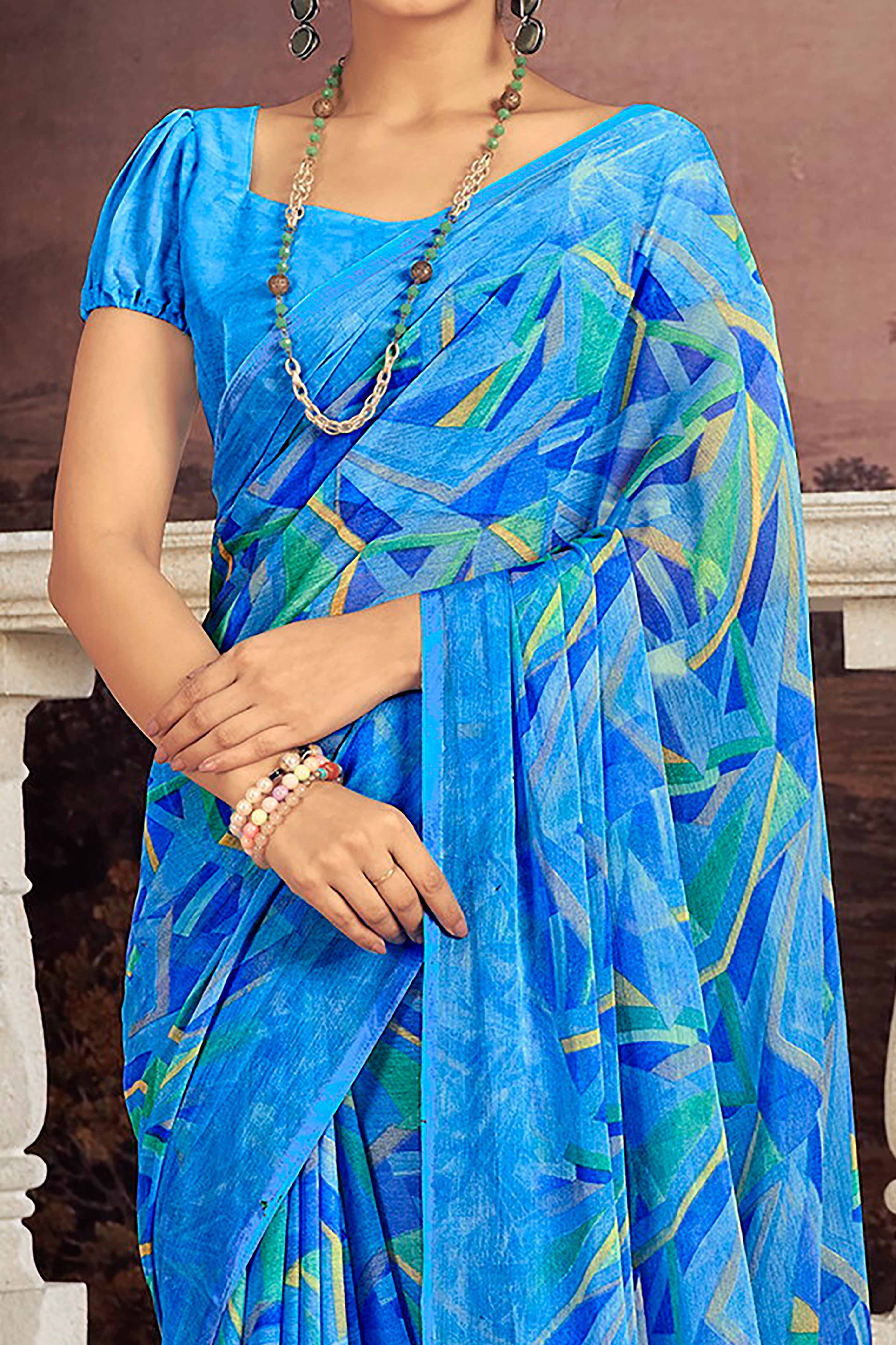 Vibrant Blue Chiffon Saree With Modern Geometric Print - Image 2