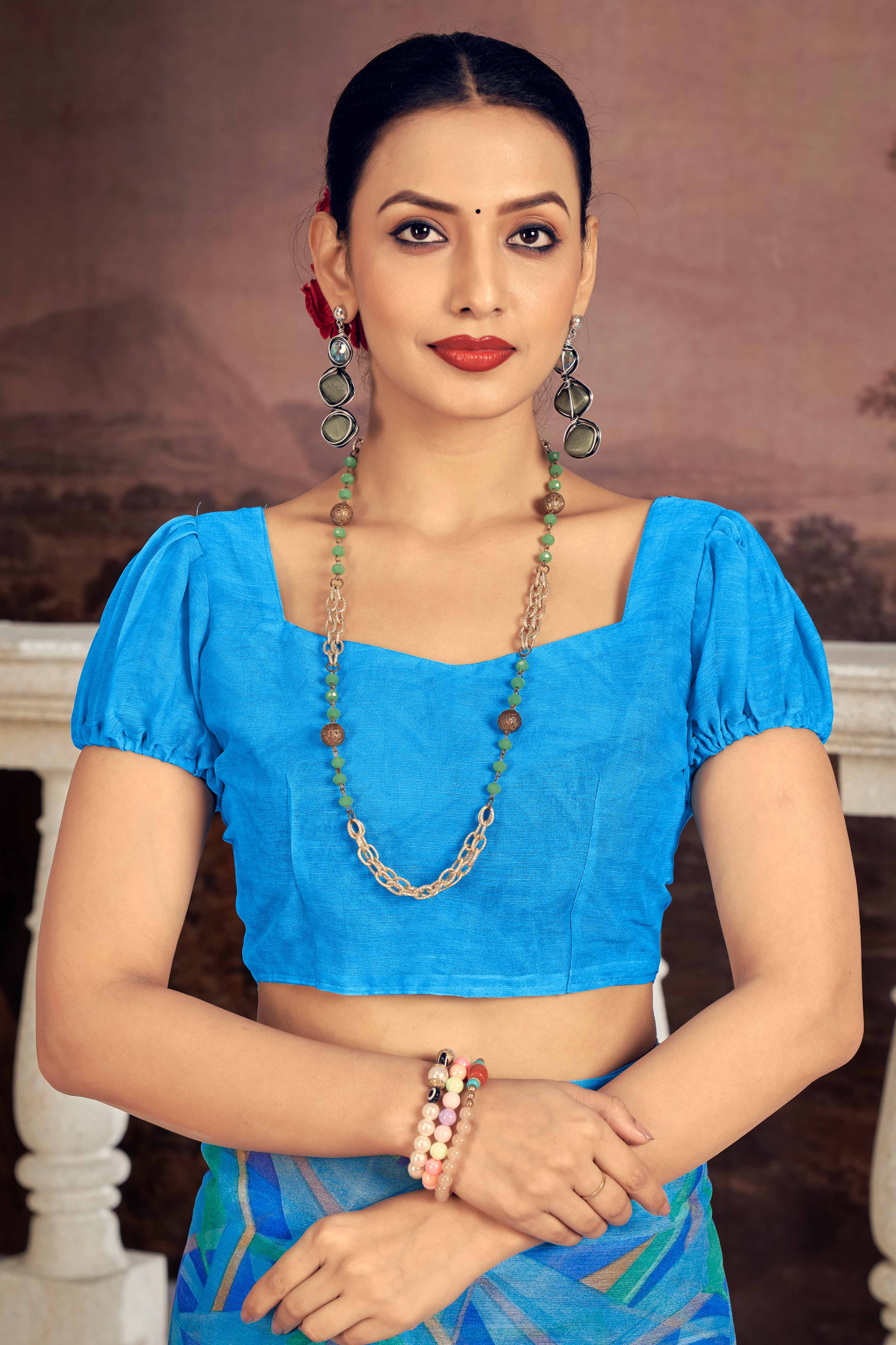 Vibrant Blue Chiffon Saree With Modern Geometric Print - Image 3