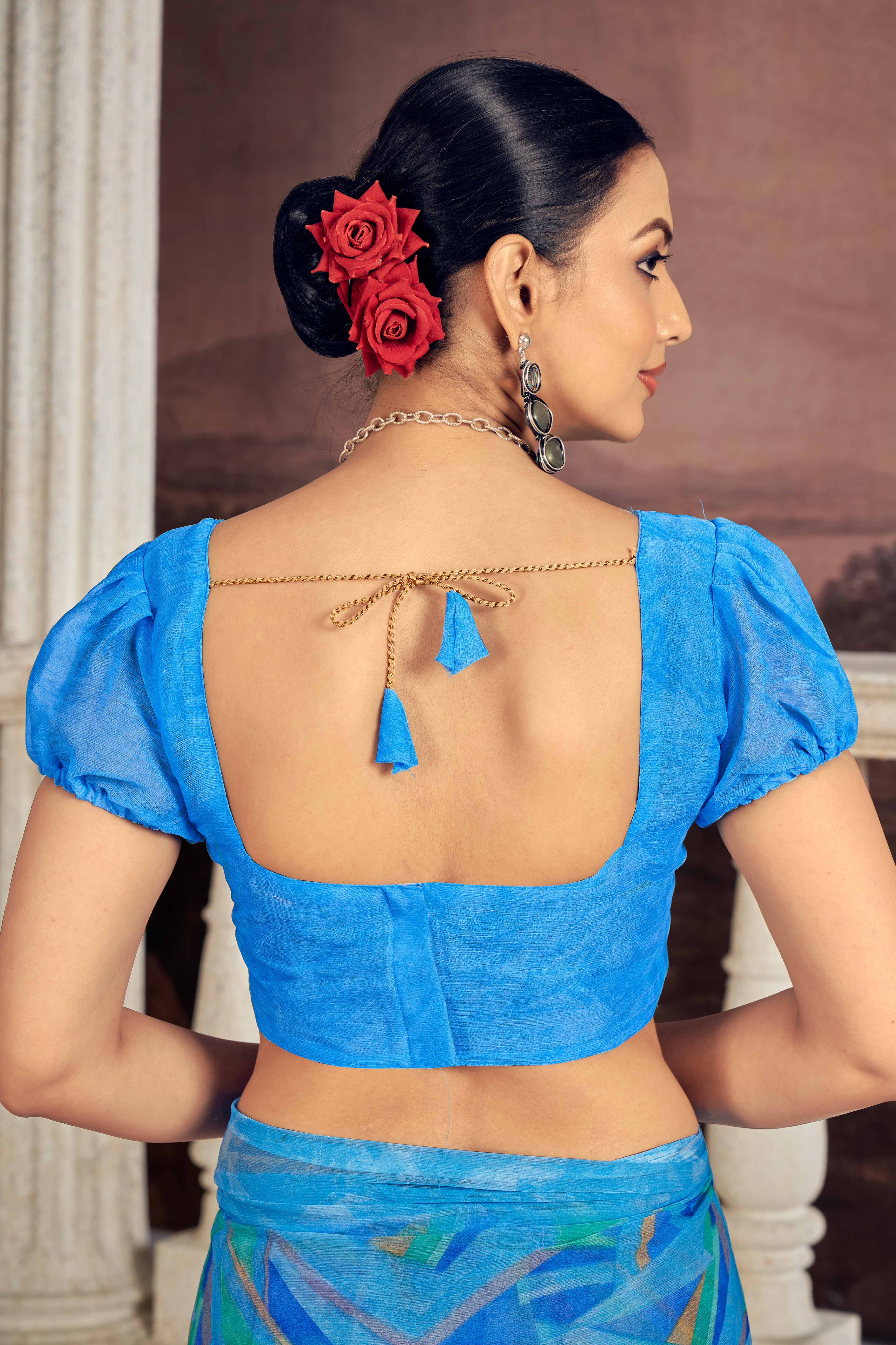 Vibrant Blue Chiffon Saree With Modern Geometric Print - Image 4