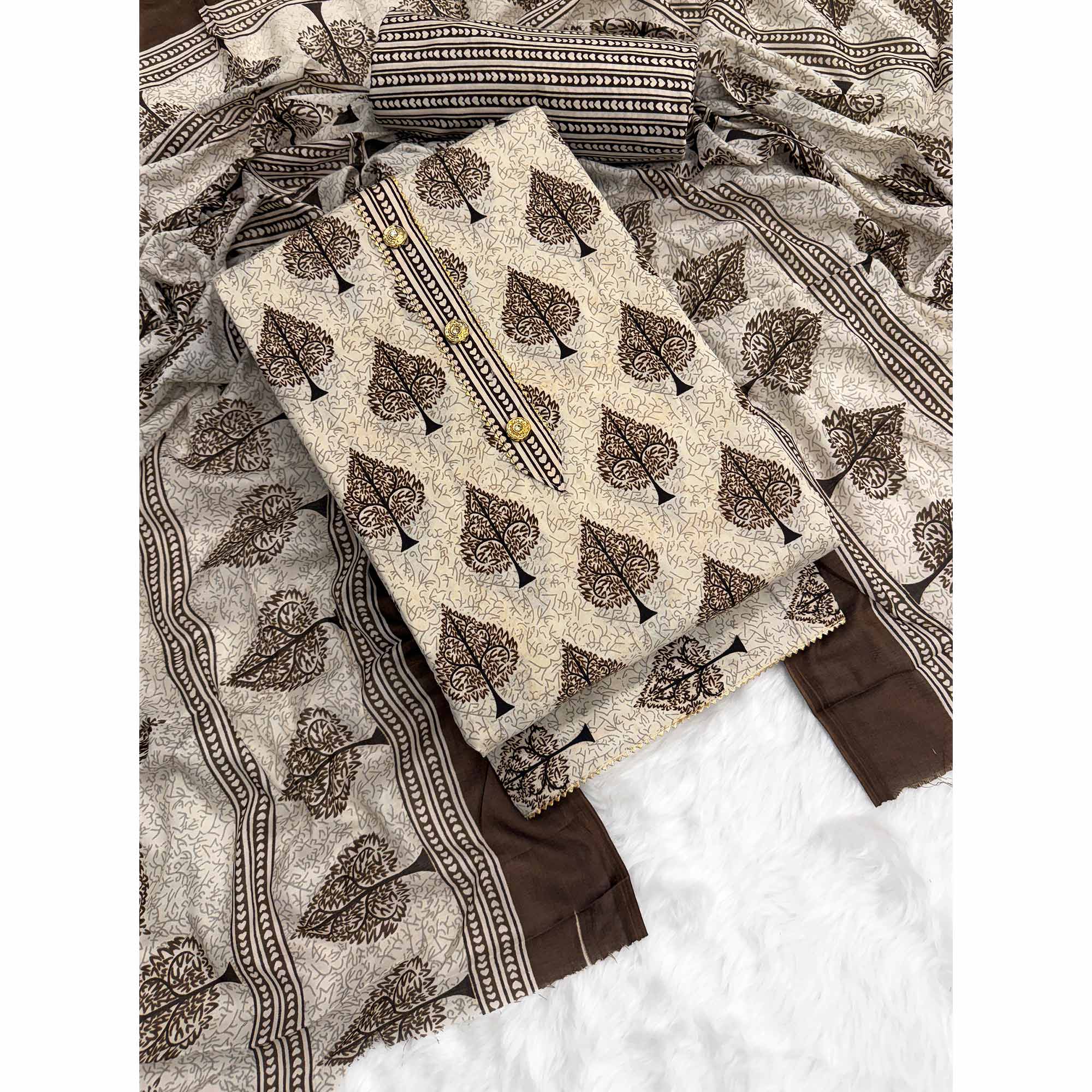 Vibrant Brown Leaf Printed Cotton Blend Dress Material Refined With Lace Border - Image 3