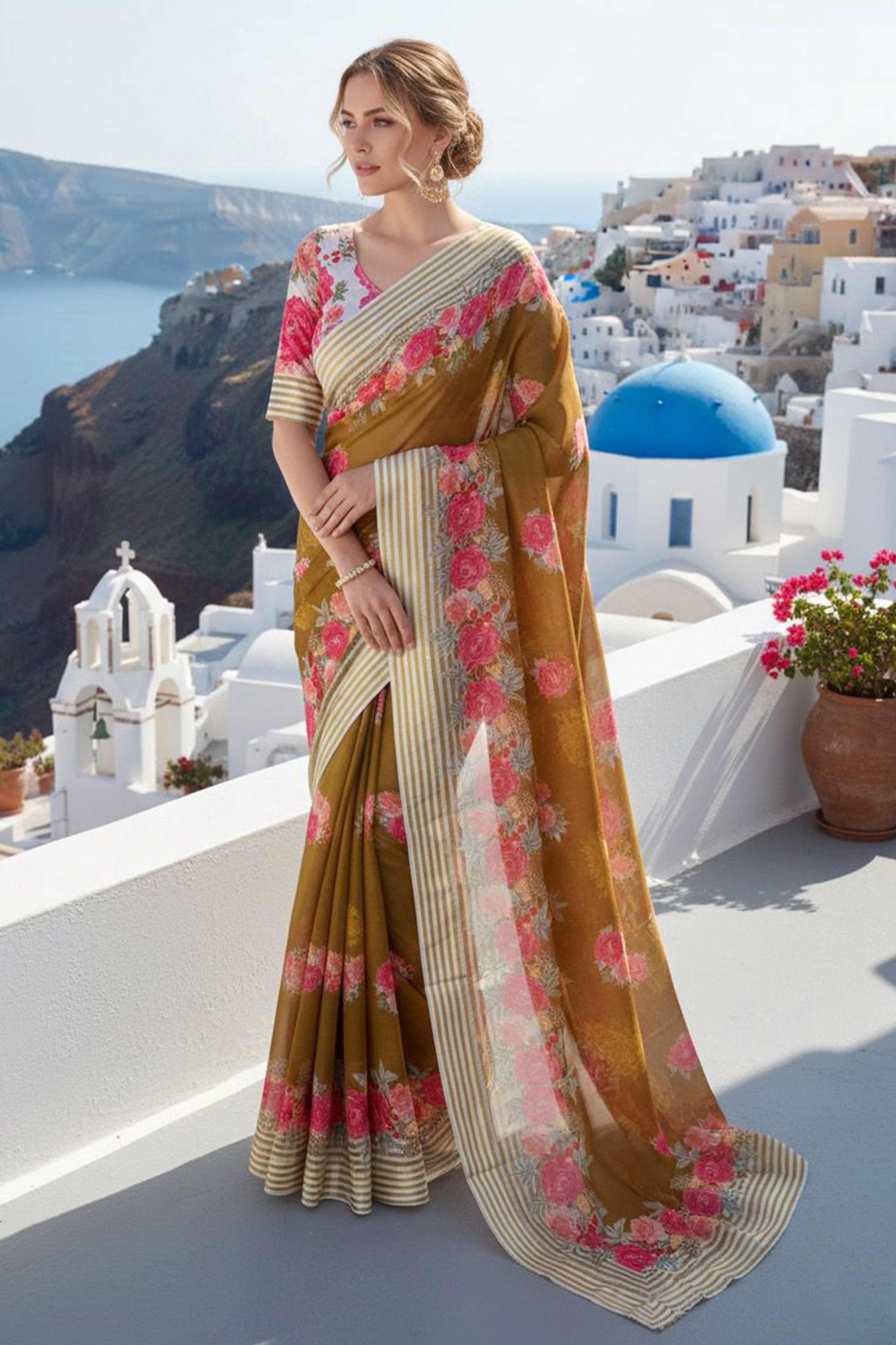 Vibrant Dark Mustard Georgette Saree Adorned with Floral Digital Print & Satin Border - Image 4