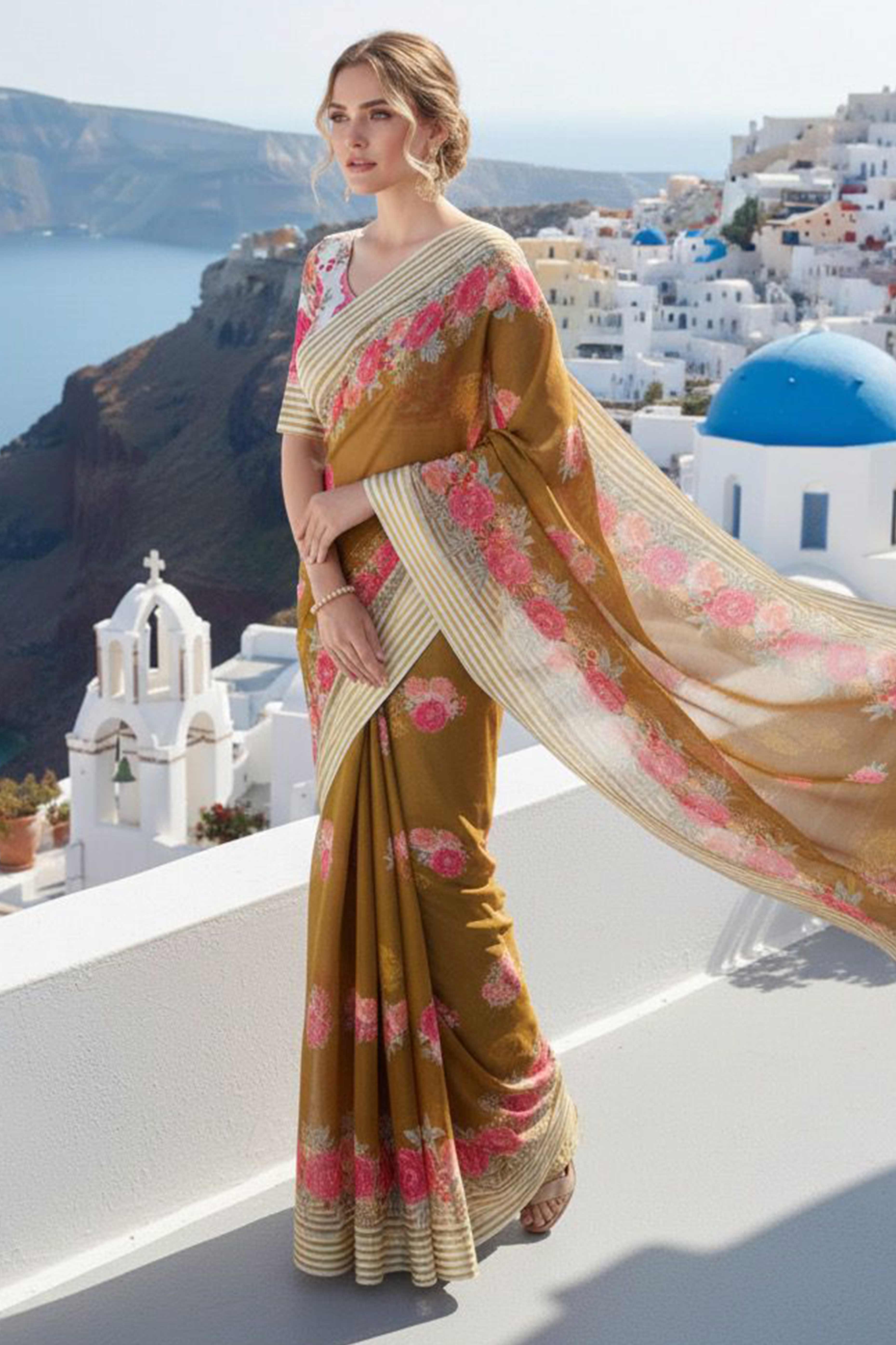 Vibrant Dark Mustard Georgette Saree Adorned with Floral Digital Print & Satin Border - Image 5