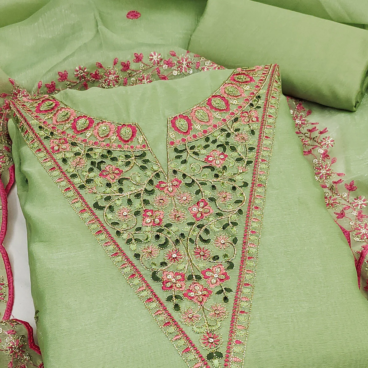 Vibrant Green Art Silk Dress Fabric with Timeless Golden Thread Embellishment - Image 2