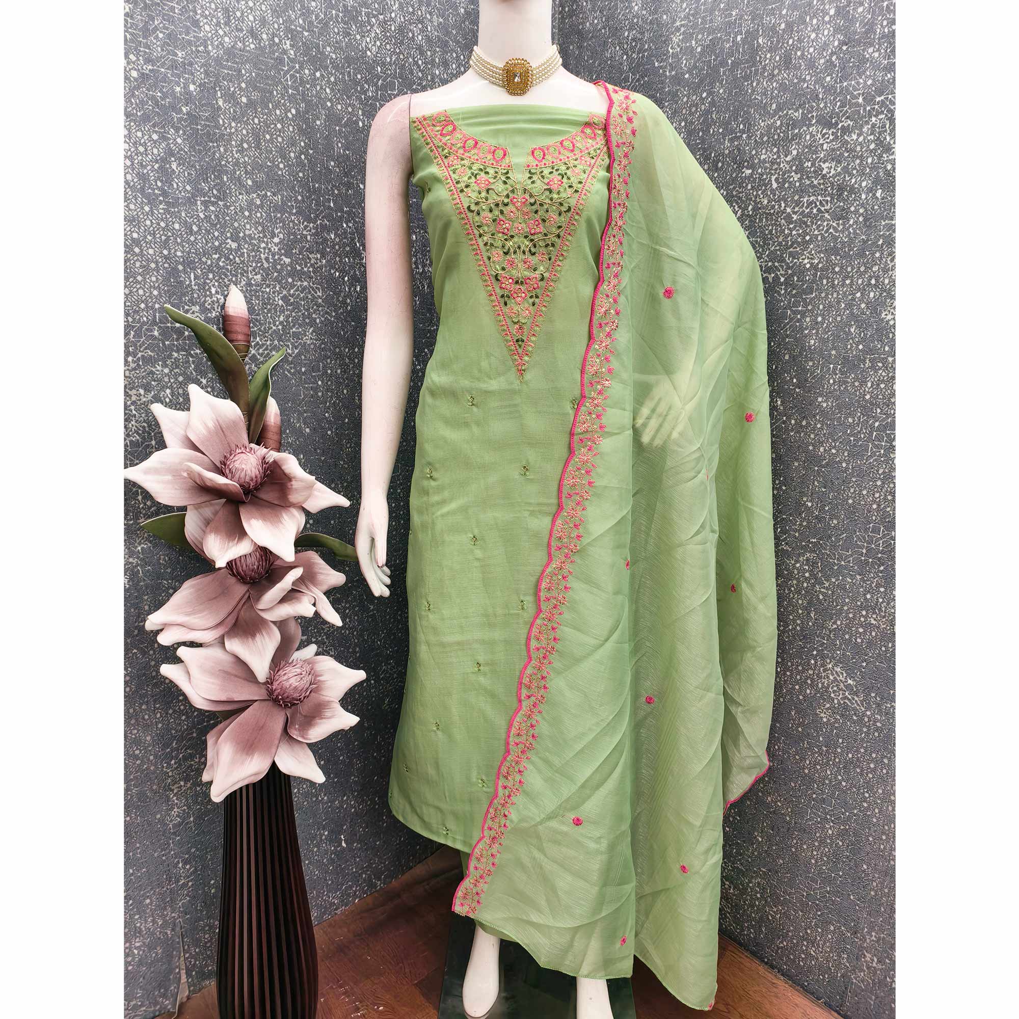 Vibrant Green Art Silk Dress Fabric with Timeless Golden Thread Embellishment - Image 3