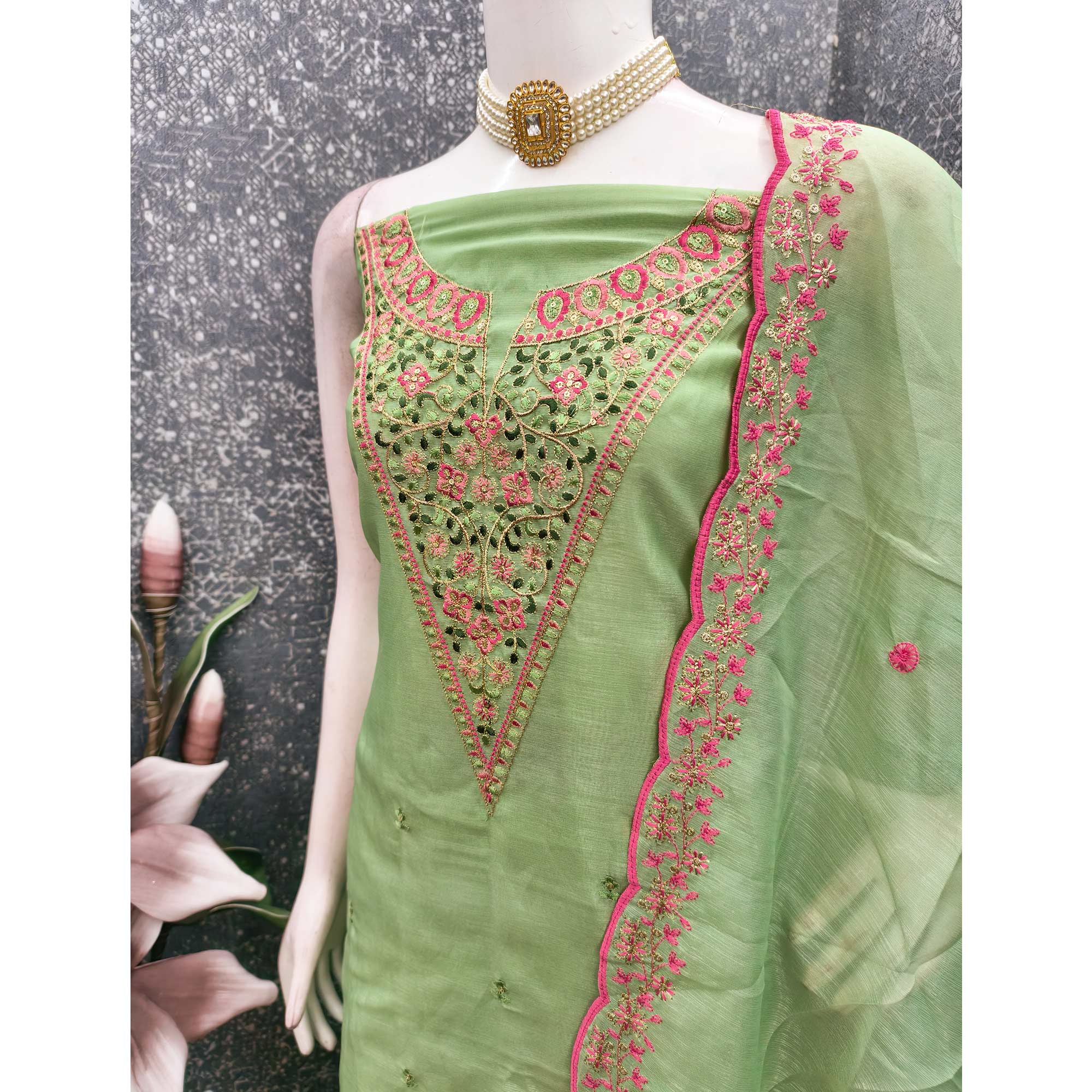 Vibrant Green Art Silk Dress Fabric with Timeless Golden Thread Embellishment - Image 4