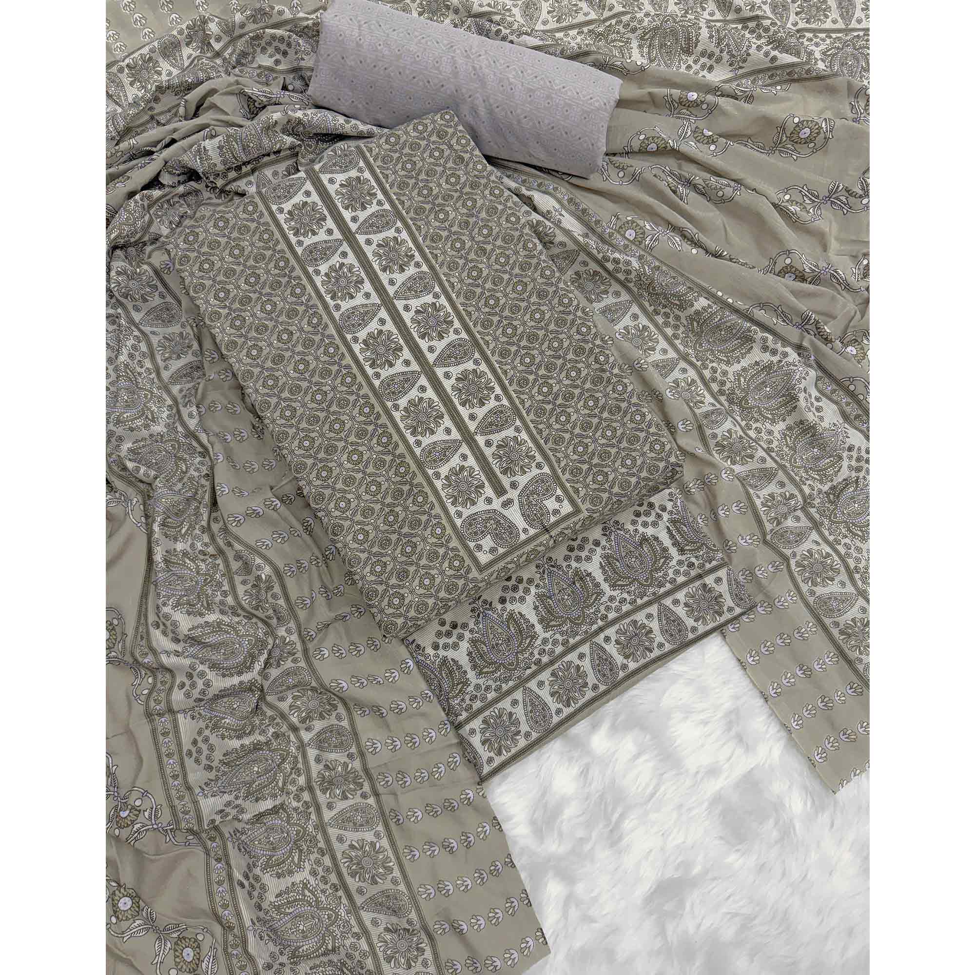 Vibrant Grey Floral Print Pure Cotton Dress Material With Refined Craftsmanship - Image 3