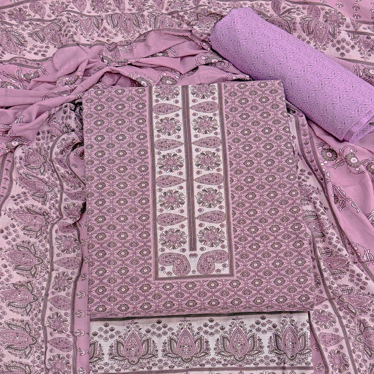 Vibrant Light Purple Floral Print Pure Cotton Dress Material With Refined Craftsmanship - Image 2