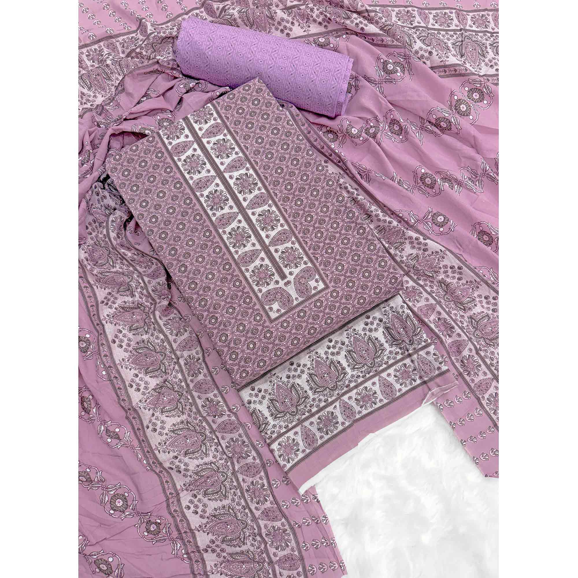 Vibrant Light Purple Floral Print Pure Cotton Dress Material With Refined Craftsmanship - Image 3