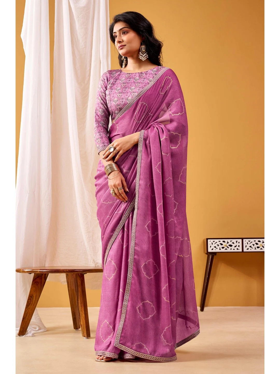Vibrant Magenta Foil Printed Chiffon Saree Accented With Shimmering Sequins Embroidered Border Work