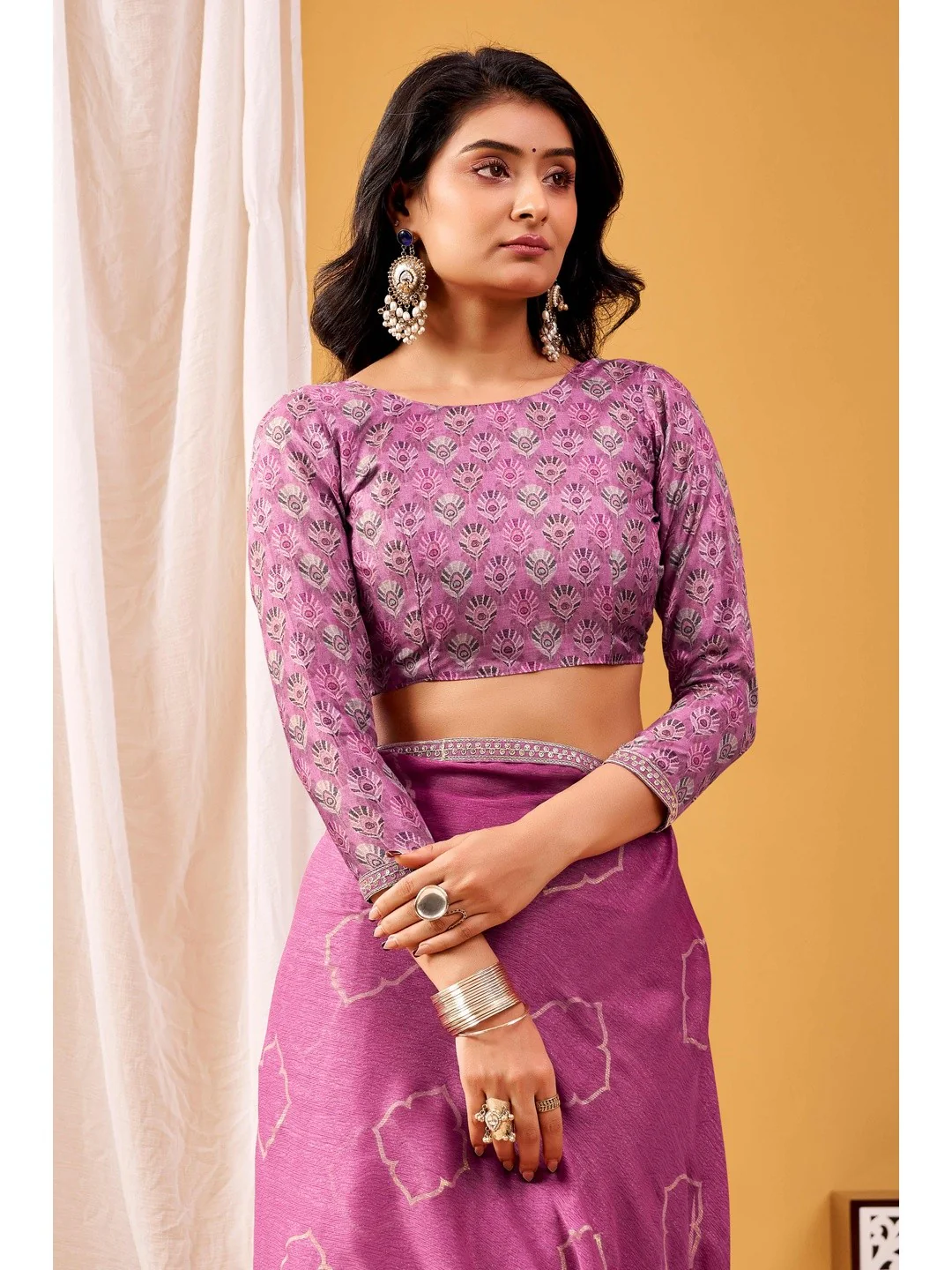 Vibrant Magenta Foil Printed Chiffon Saree Accented With Shimmering Sequins Embroidered Border Work - Image 6