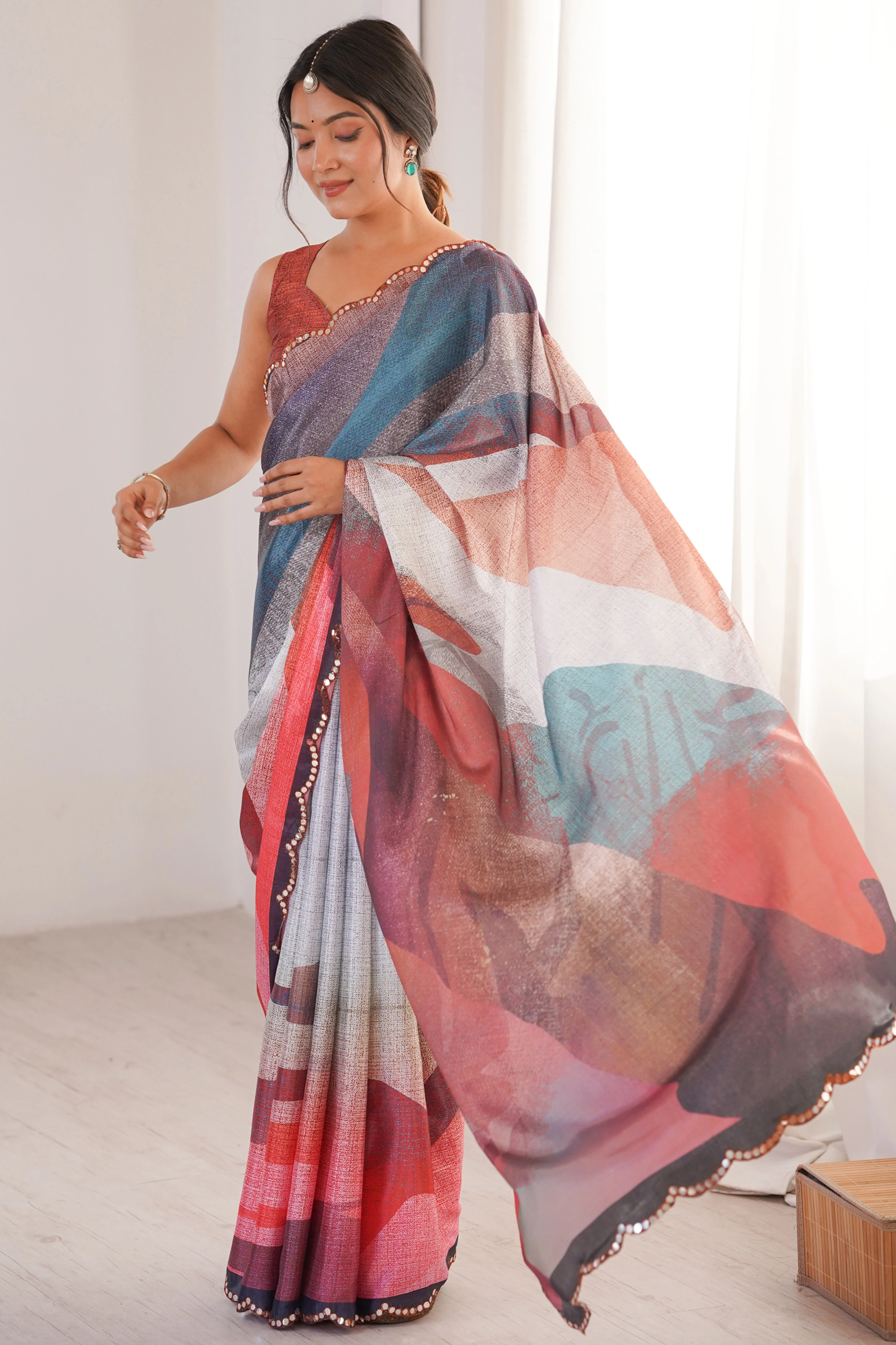 Vibrant Multicolor Digital Printed Chinon Saree Accented With Elegant Embroidered Border Work - Image 3