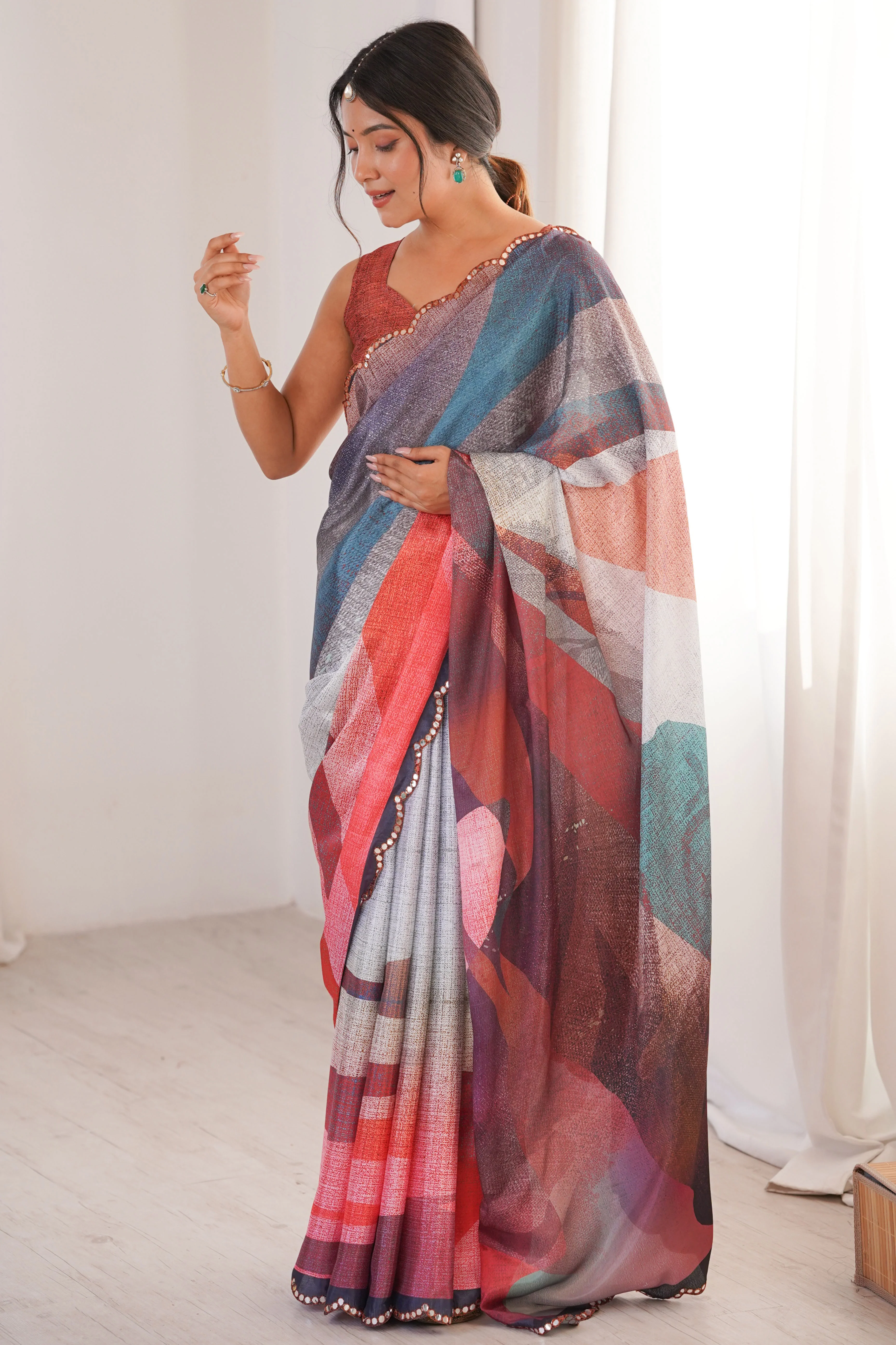 Vibrant Multicolor Digital Printed Chinon Saree Accented With Elegant Embroidered Border Work - Image 4