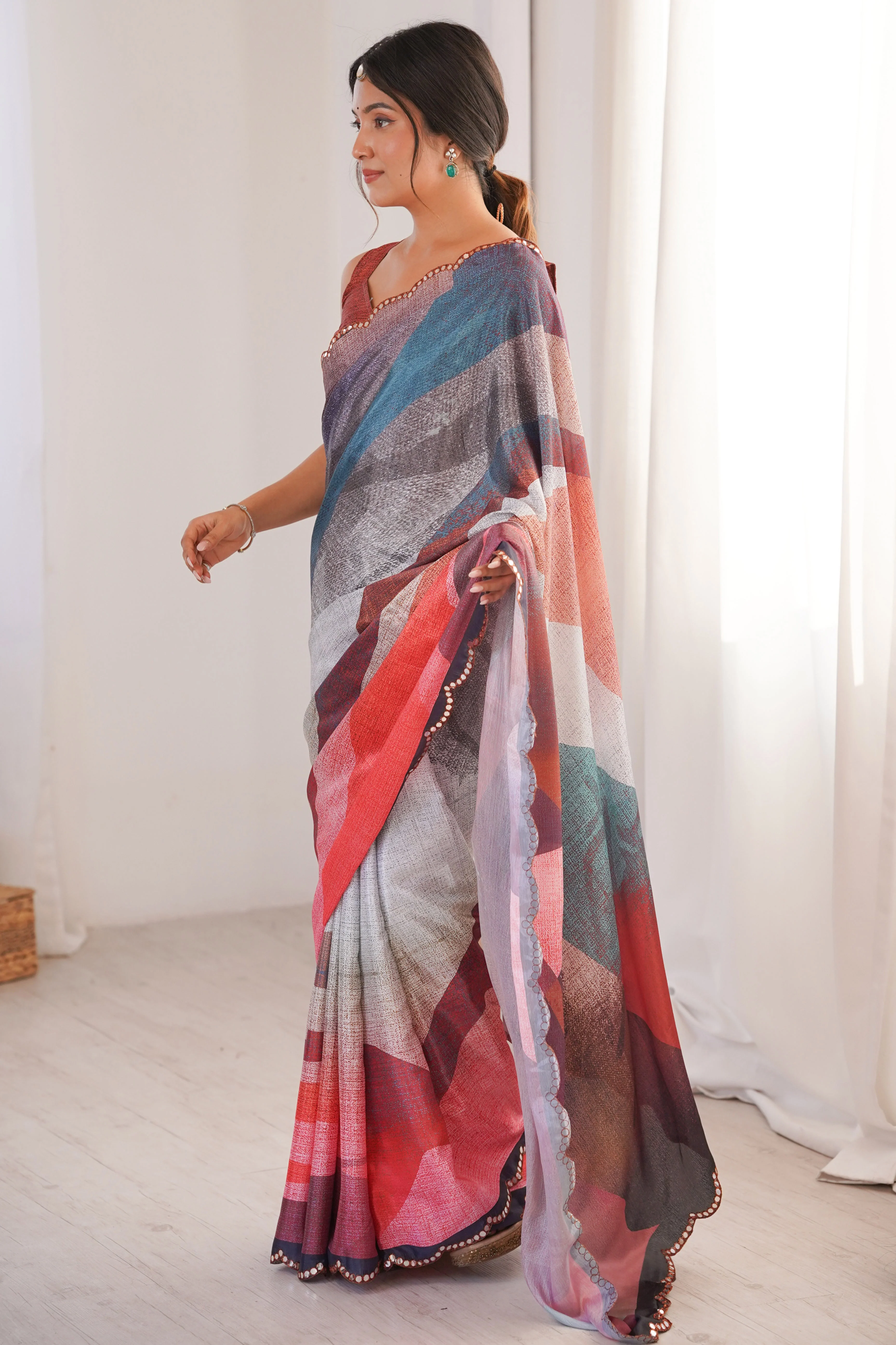 Vibrant Multicolor Digital Printed Chinon Saree Accented With Elegant Embroidered Border Work - Image 5