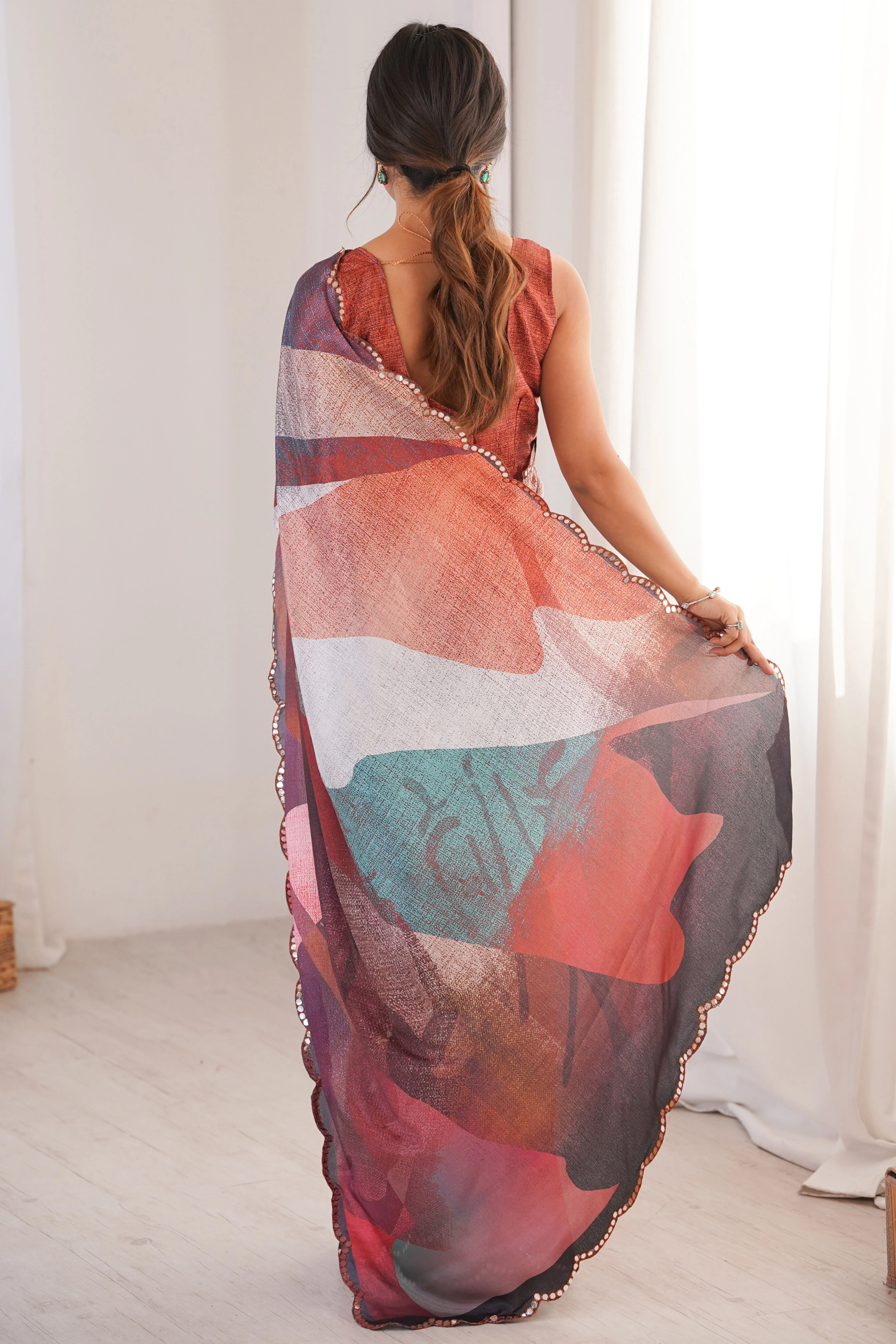 Vibrant Multicolor Digital Printed Chinon Saree Accented With Elegant Embroidered Border Work - Image 6