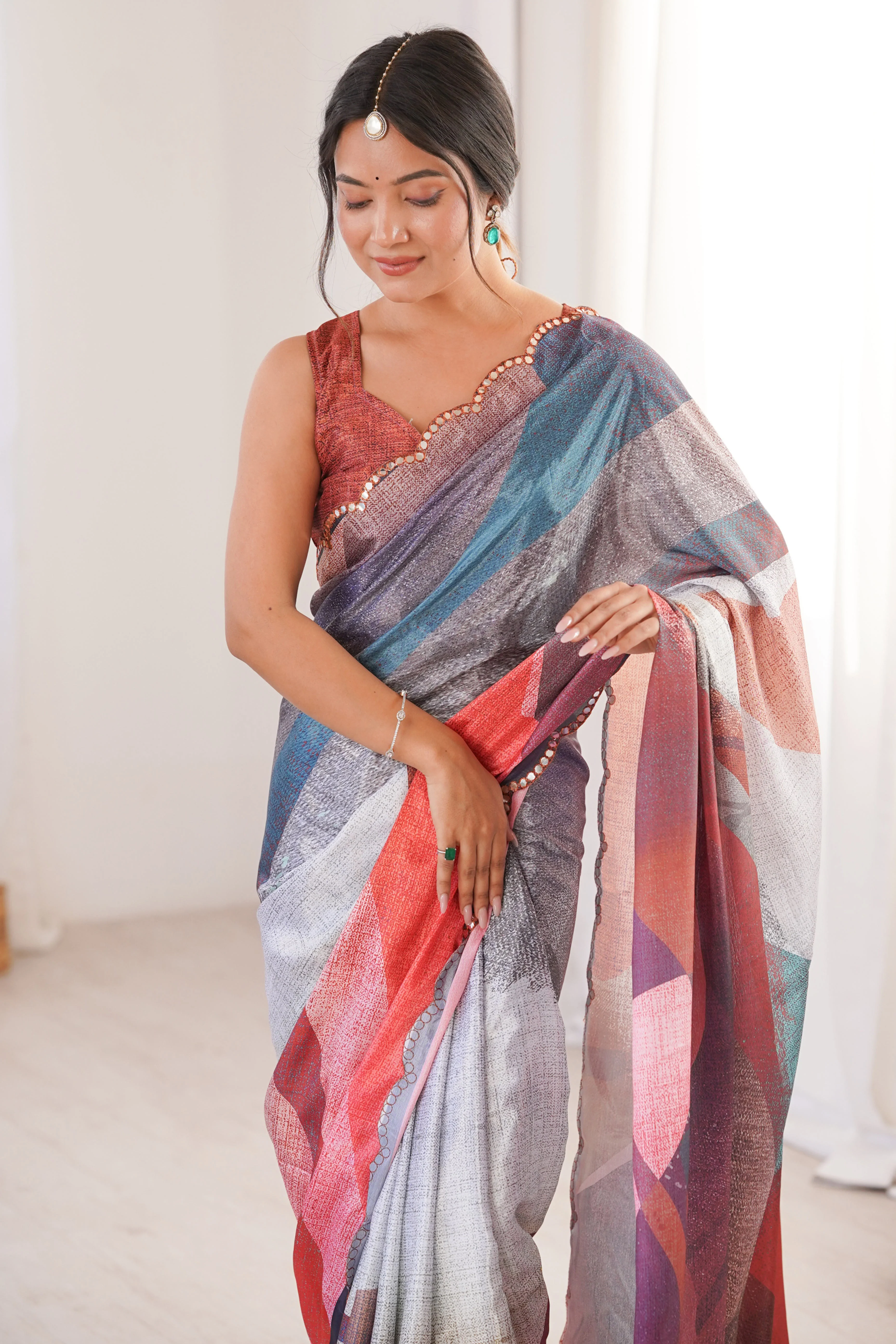 Vibrant Multicolor Digital Printed Chinon Saree Accented With Elegant Embroidered Border Work - Image 7