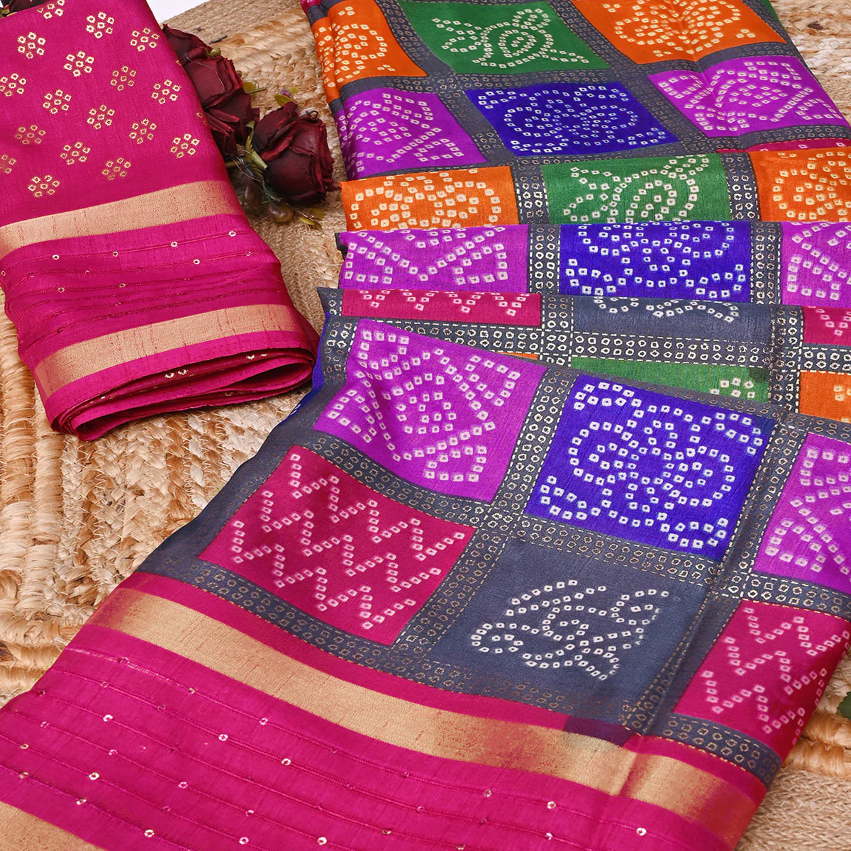 Vibrant Multicolor Dola Silk Saree Highlighted with Foil Bandhani and Woven Borders - Image 2