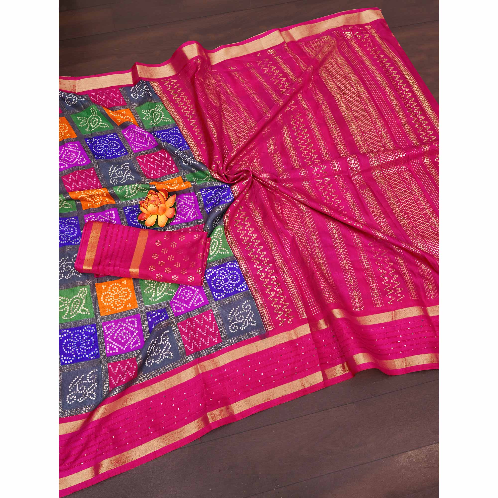 Vibrant Multicolor Dola Silk Saree Highlighted with Foil Bandhani and Woven Borders - Image 3
