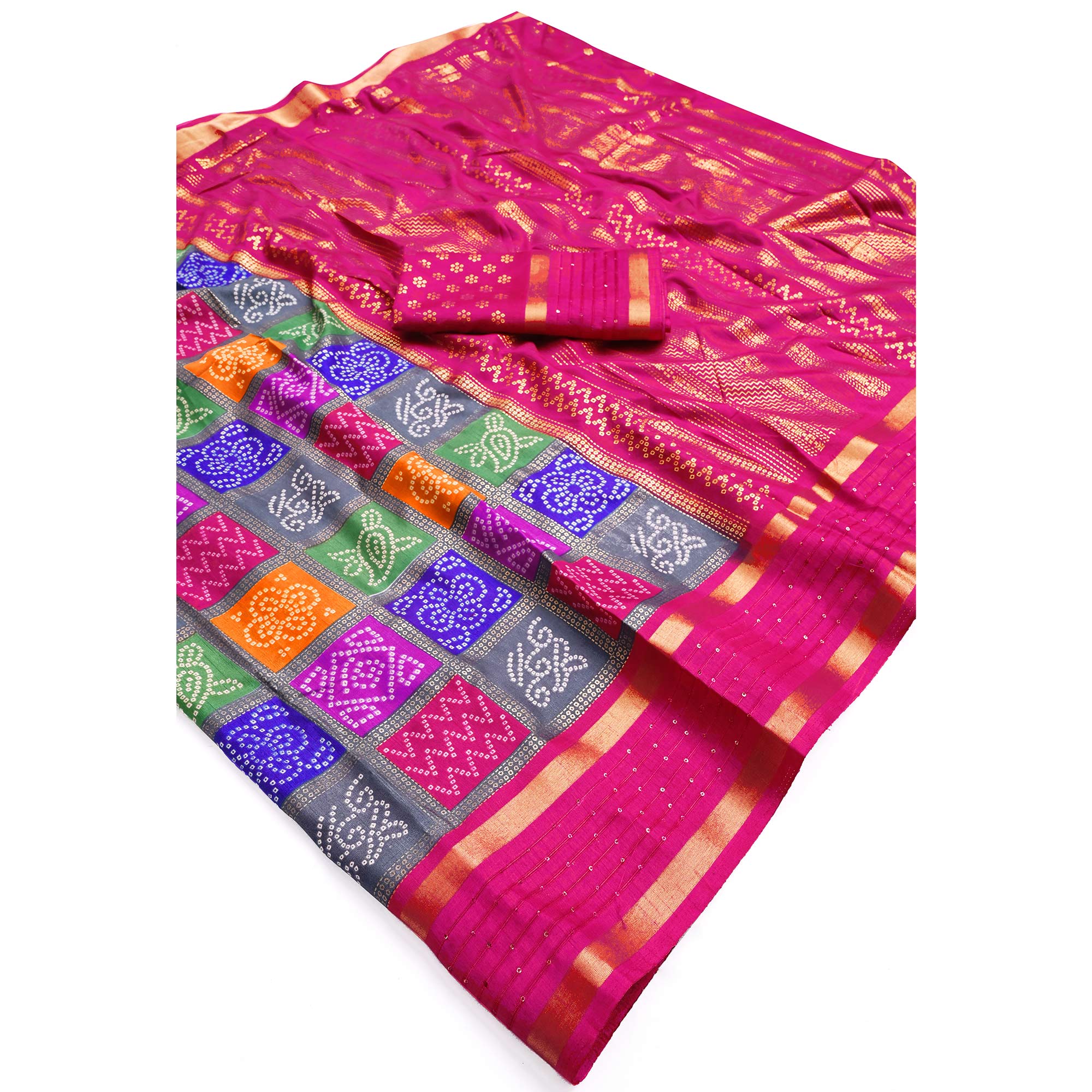 Vibrant Multicolor Dola Silk Saree Highlighted with Foil Bandhani and Woven Borders - Image 4