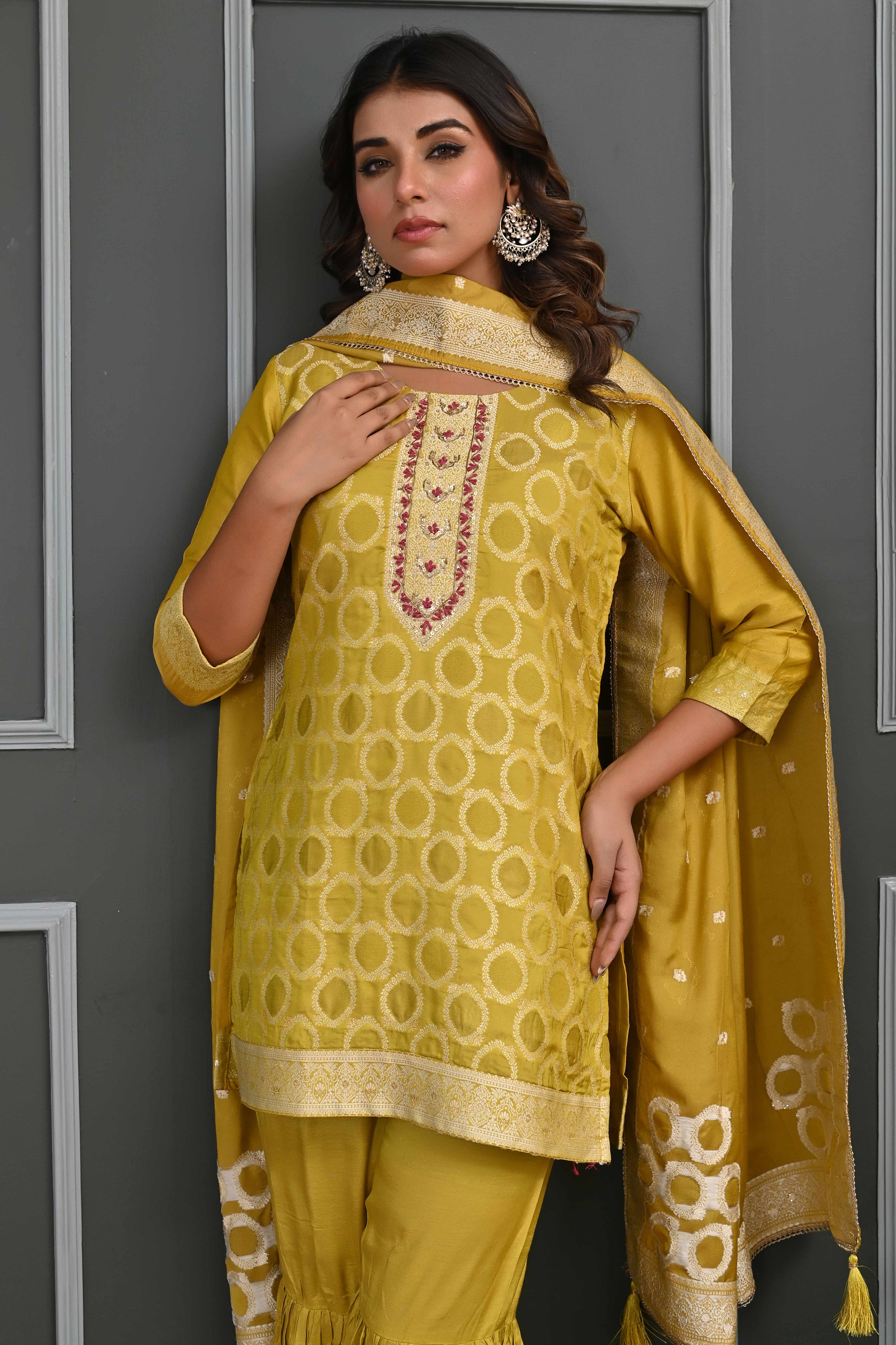 Vibrant Mustard Zari Weaving Cotton Silk Sharara Suit Ensemble - Image 10