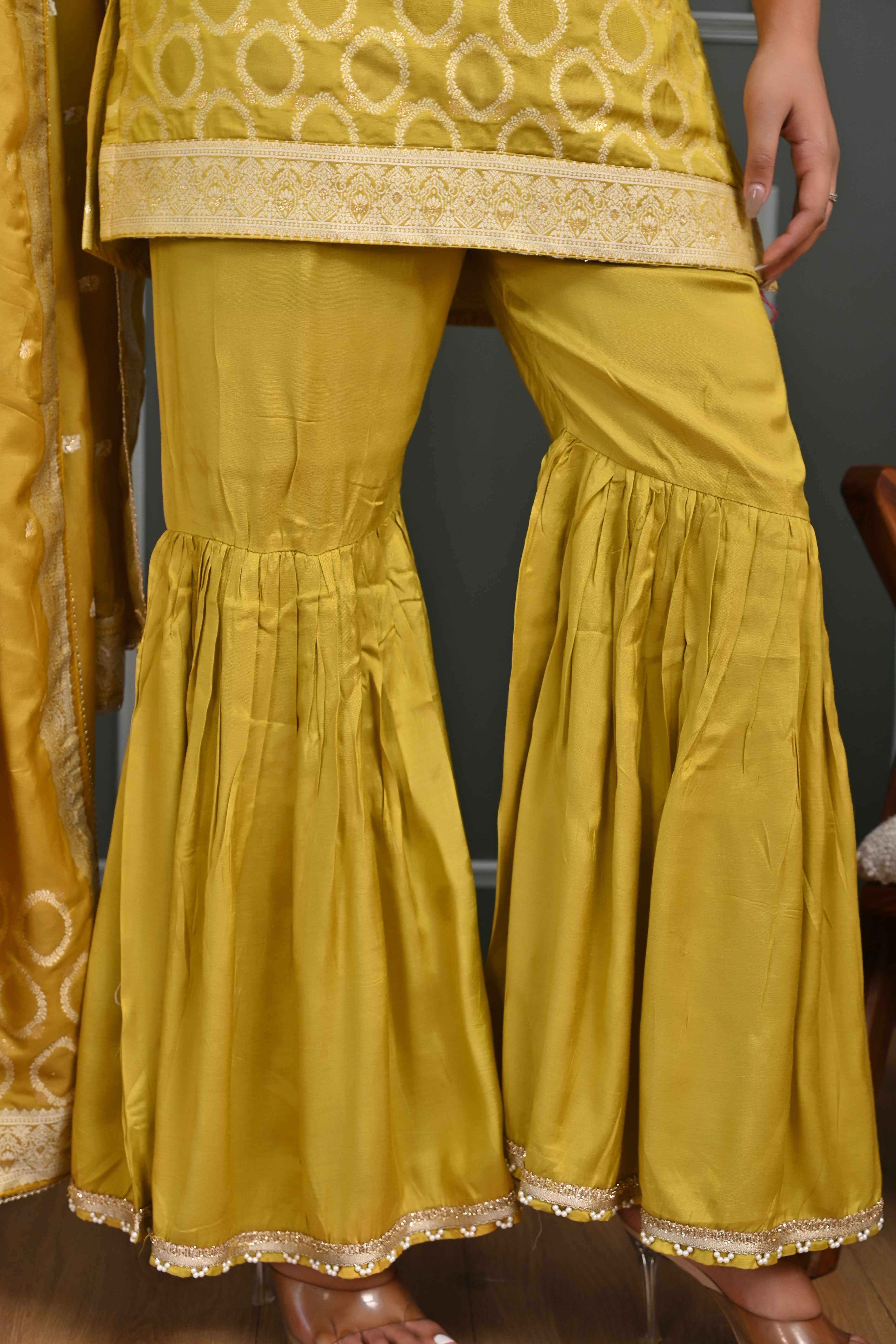 Vibrant Mustard Zari Weaving Cotton Silk Sharara Suit Ensemble - Image 12