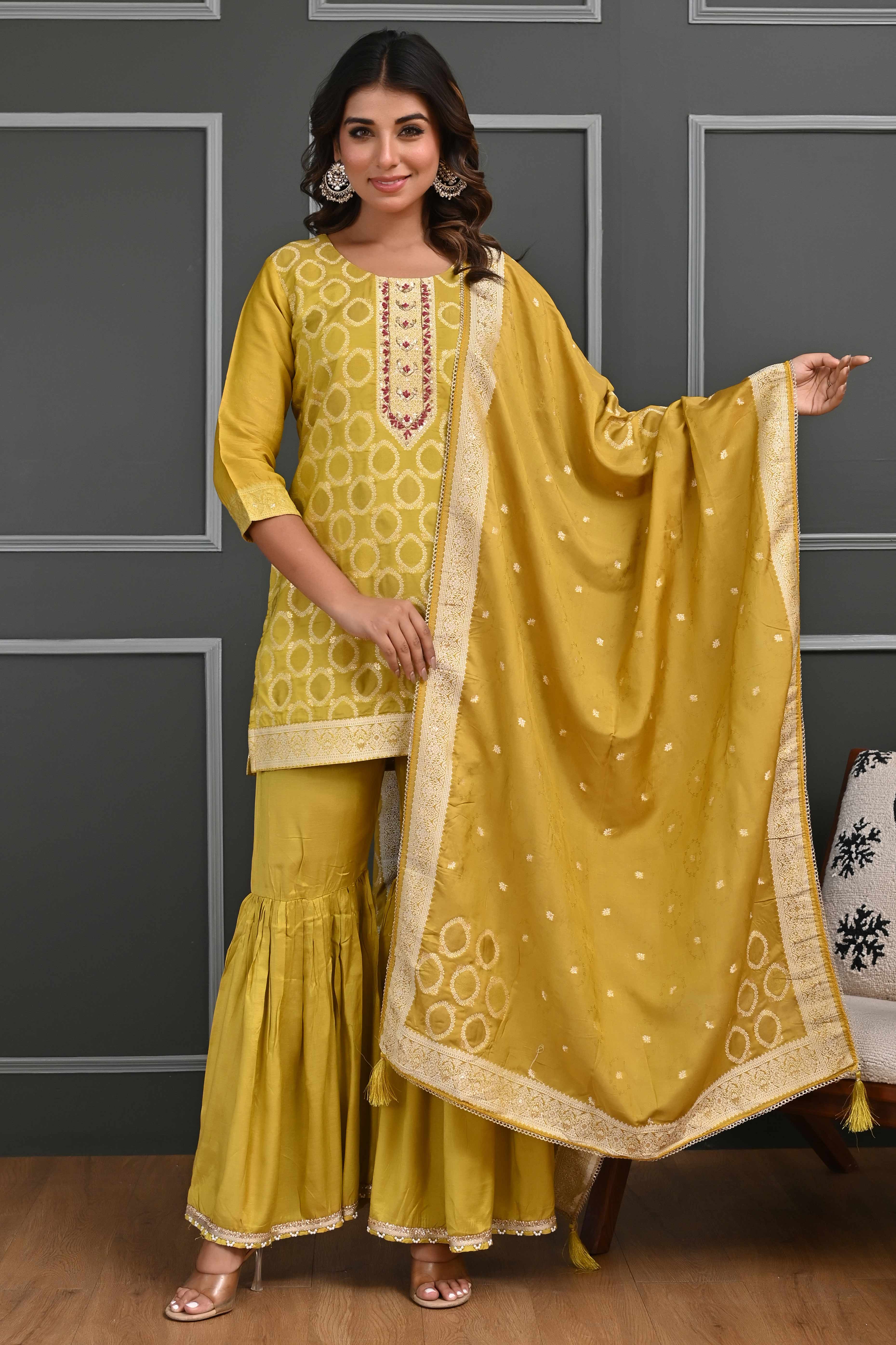Vibrant Mustard Zari Weaving Cotton Silk Sharara Suit Ensemble - Image 6