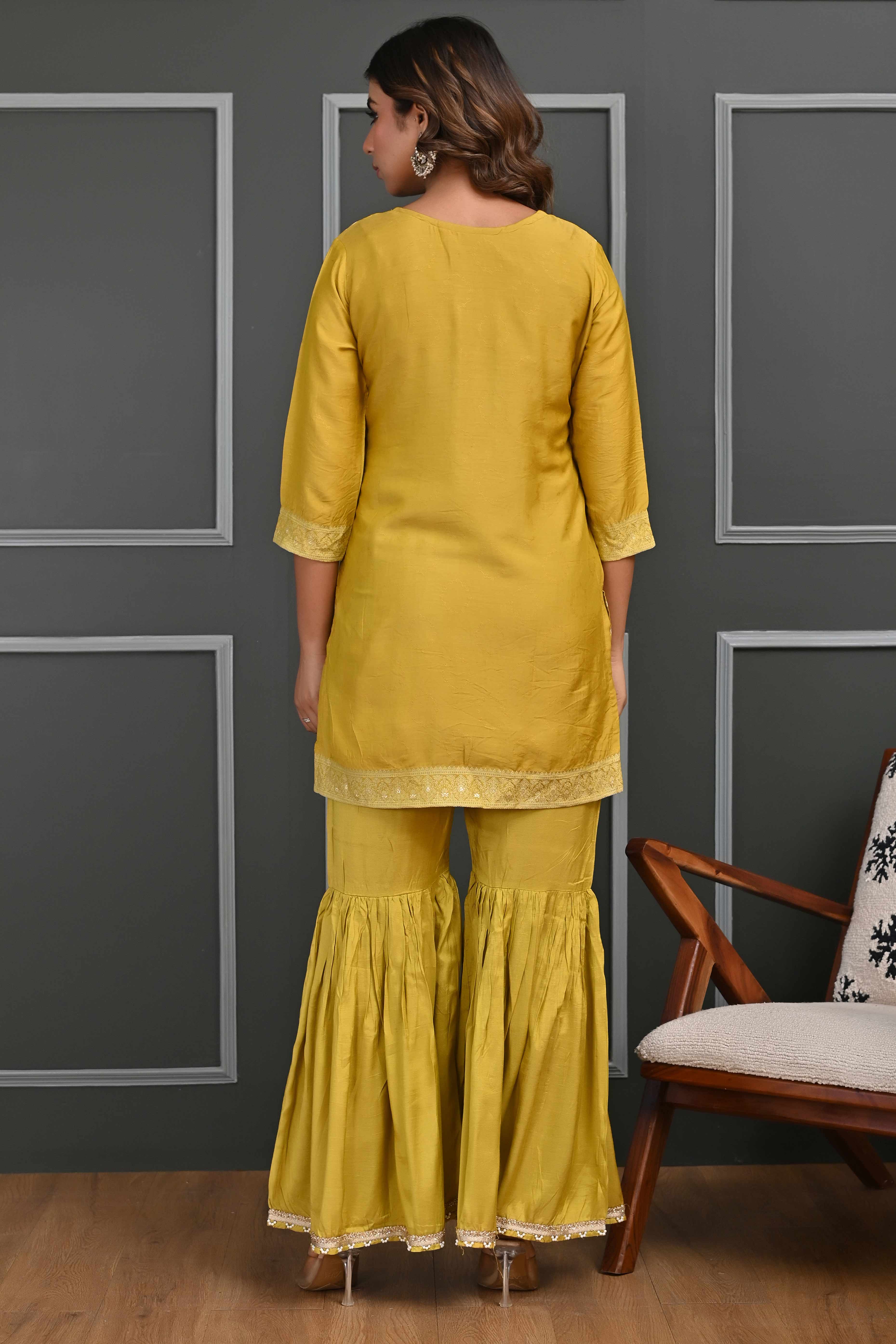 Vibrant Mustard Zari Weaving Cotton Silk Sharara Suit Ensemble - Image 8