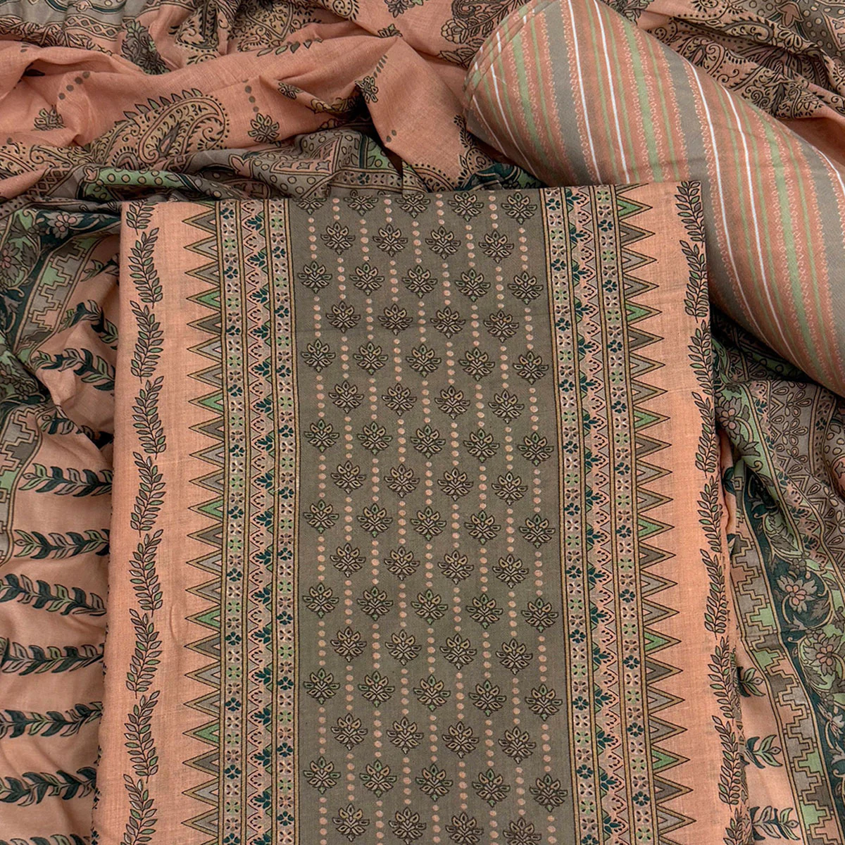 Vibrant Peach Pure Cotton Dress Material Featuring Artistic Floral Print - Image 2