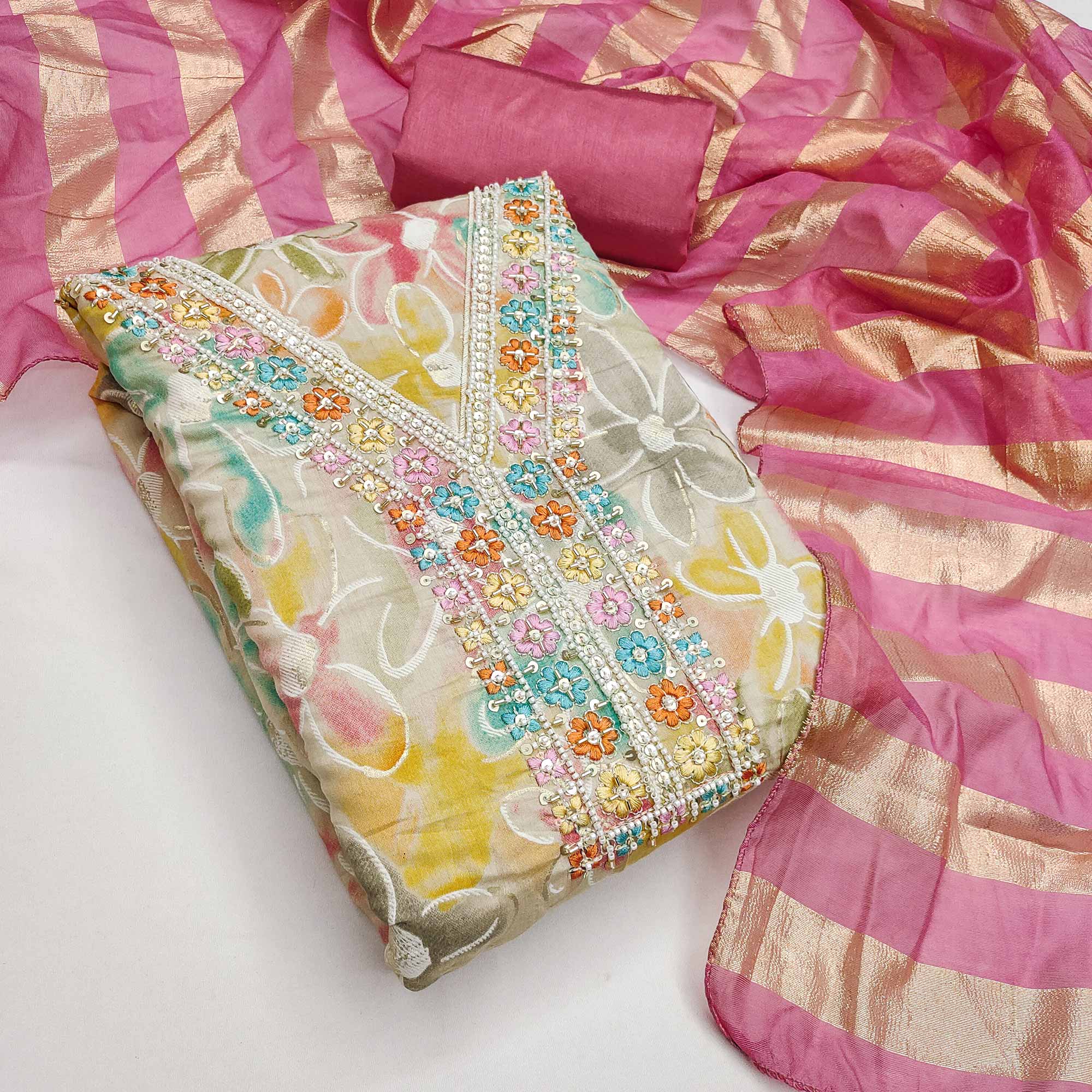 Vibrant Pink Floral Printed Roman Art Silk Dress Material Adorned With Sparkling Beads & Sequins - Image 3