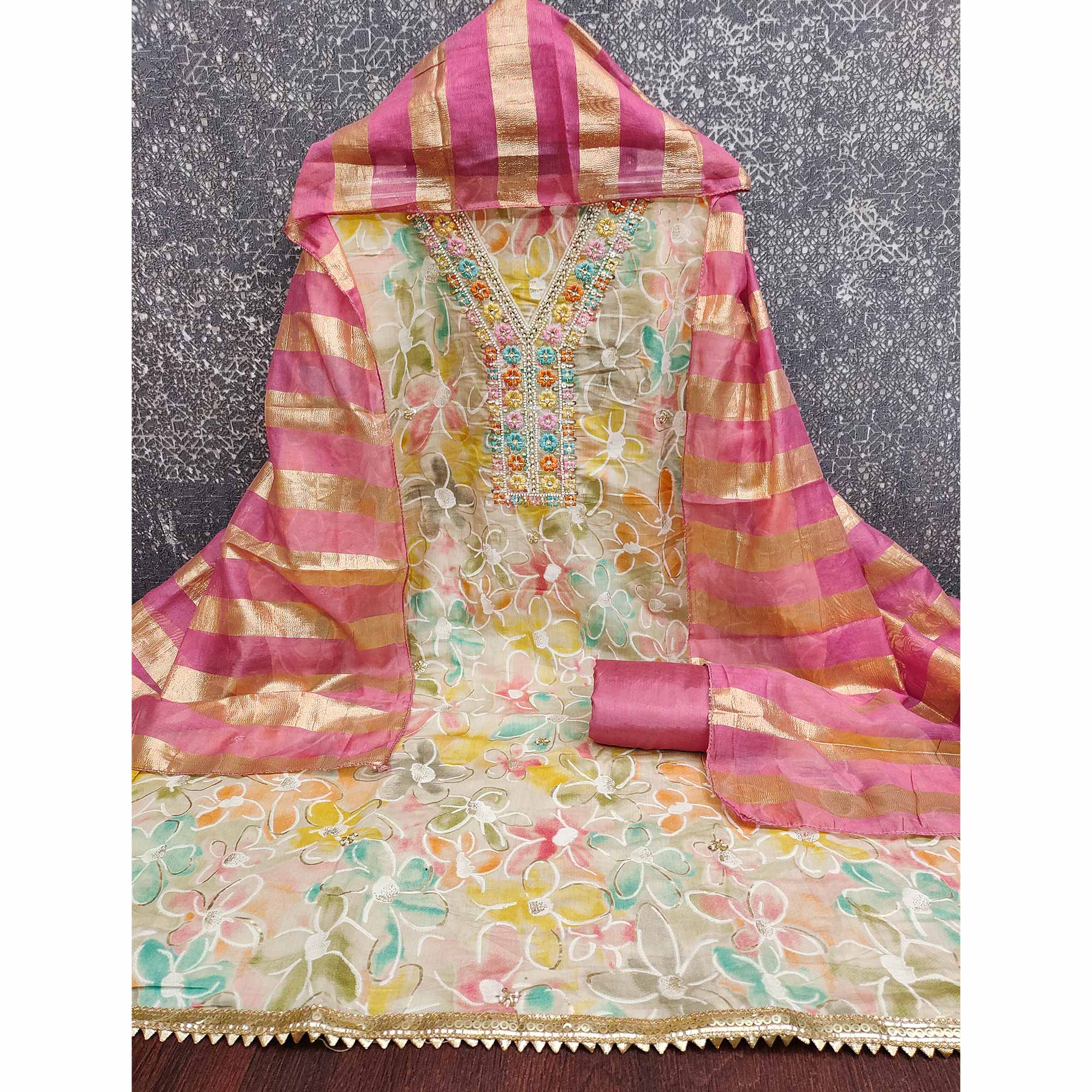 Vibrant Pink Floral Printed Roman Art Silk Dress Material Adorned With Sparkling Beads & Sequins - Image 4