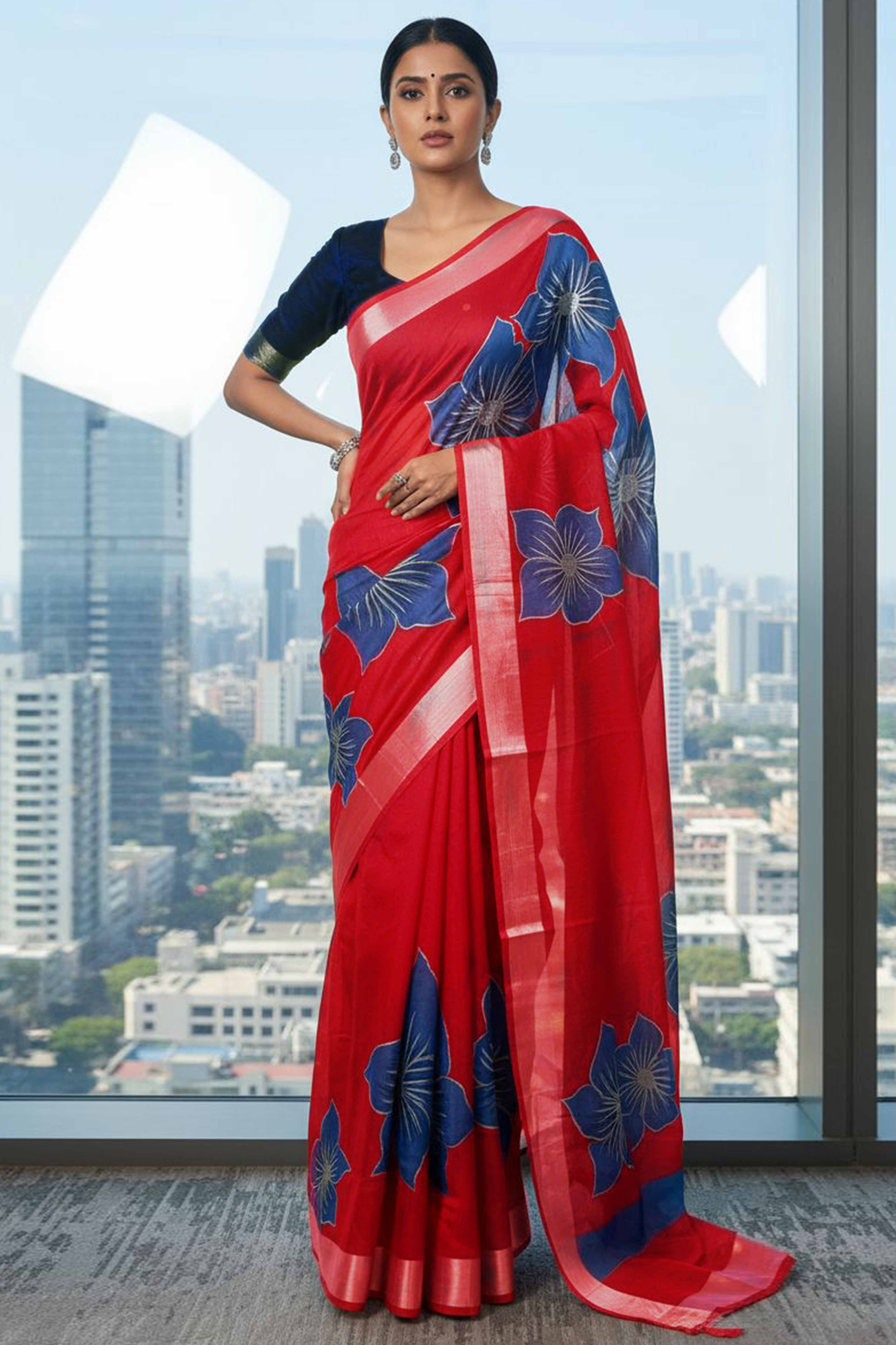 Vibrant Red & Blue Floral Foil Printed Organza Saree With Designer Unstitched Blouse - Image 5