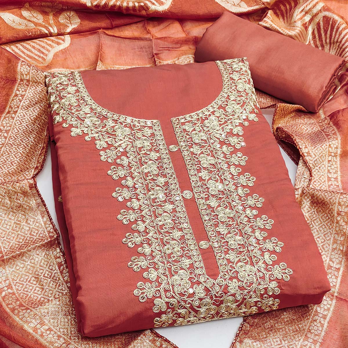 Vibrant Rust Floral Cording Embroidery Silk Blend Dress Material Adorned With Sequins Work - Image 2
