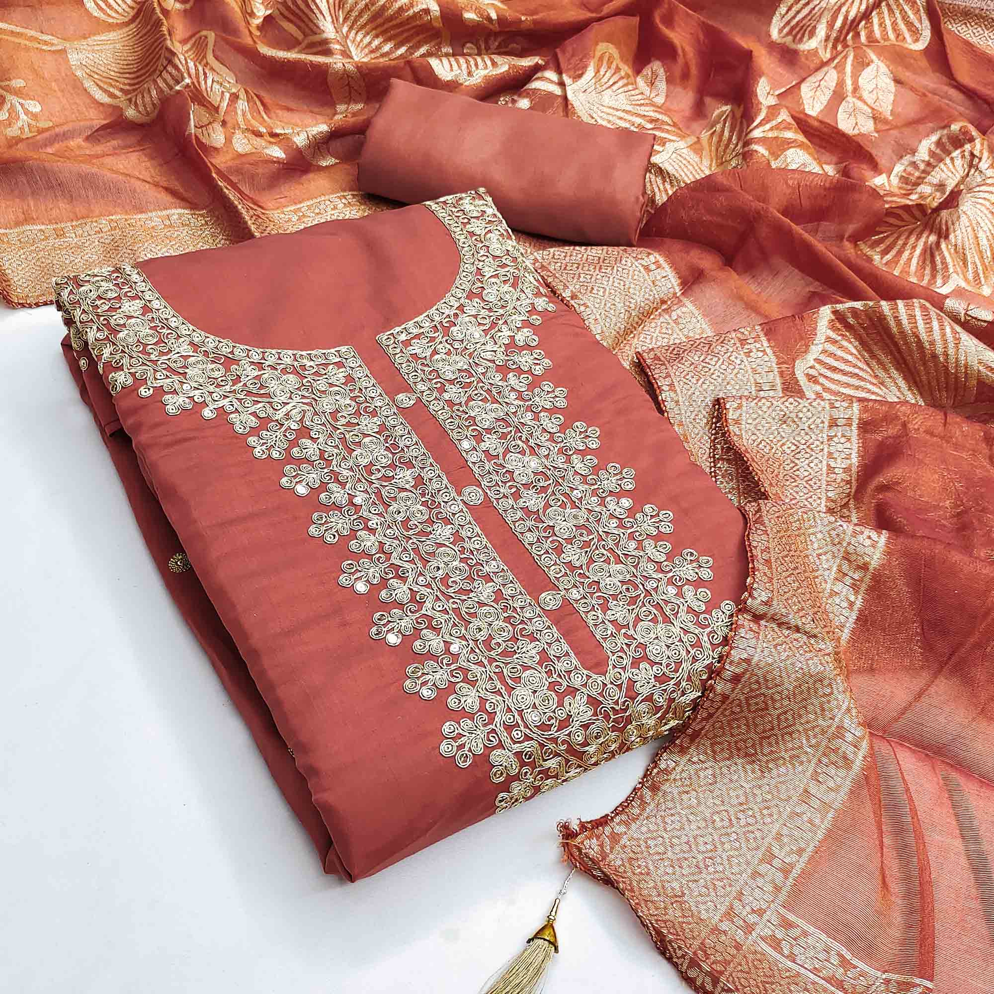 Vibrant Rust Floral Cording Embroidery Silk Blend Dress Material Adorned With Sequins Work - Image 3