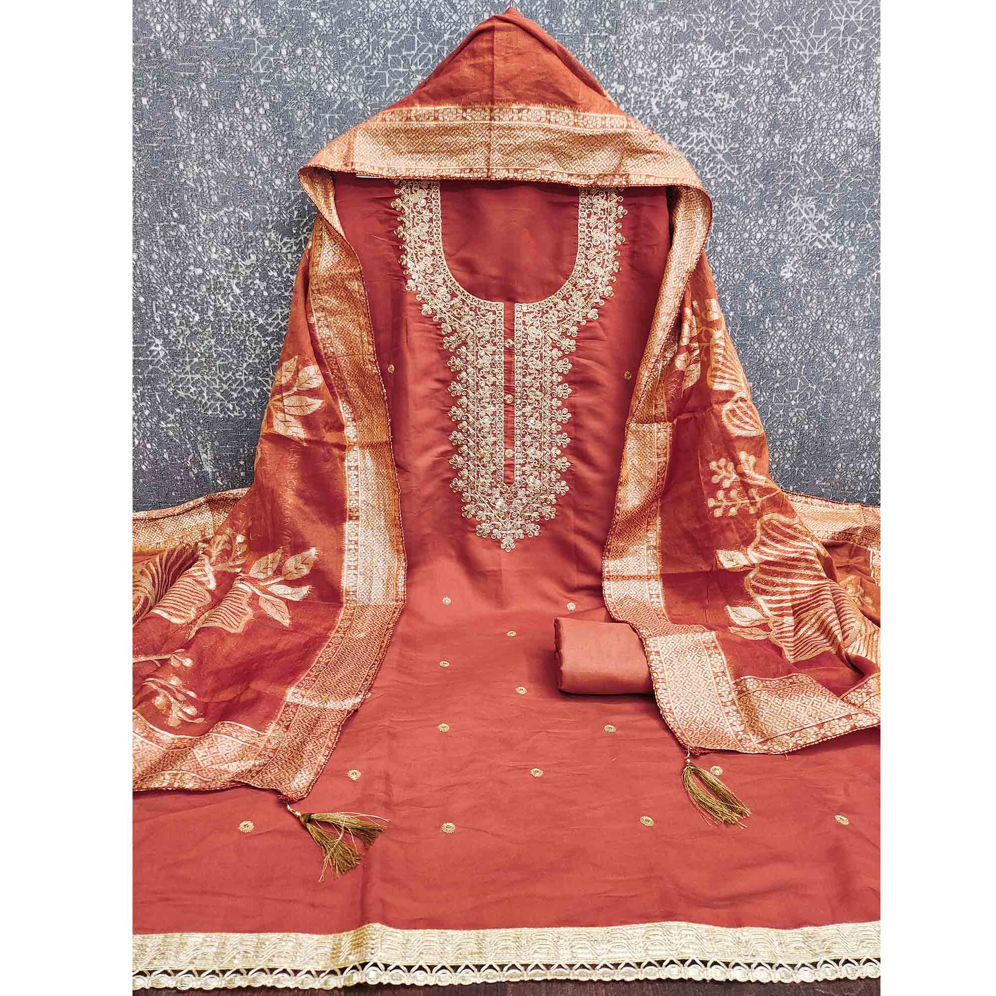 Vibrant Rust Floral Cording Embroidery Silk Blend Dress Material Adorned With Sequins Work - Image 4