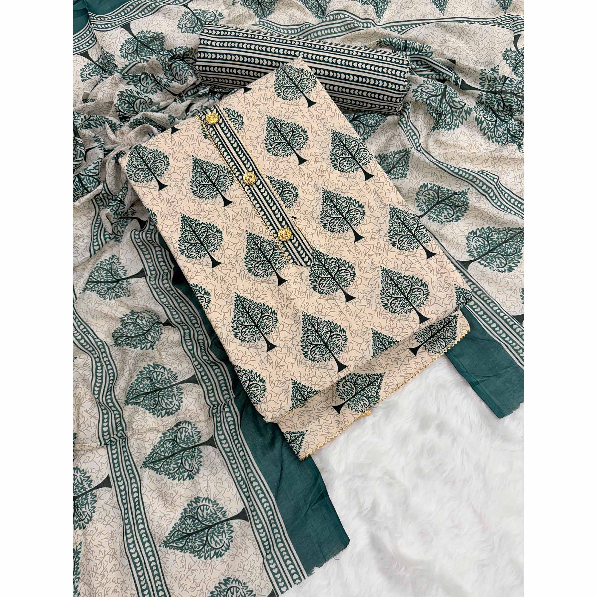 Vibrant Teal Green Leaf Printed Cotton Blend Dress Material Refined With Lace Border - Image 3