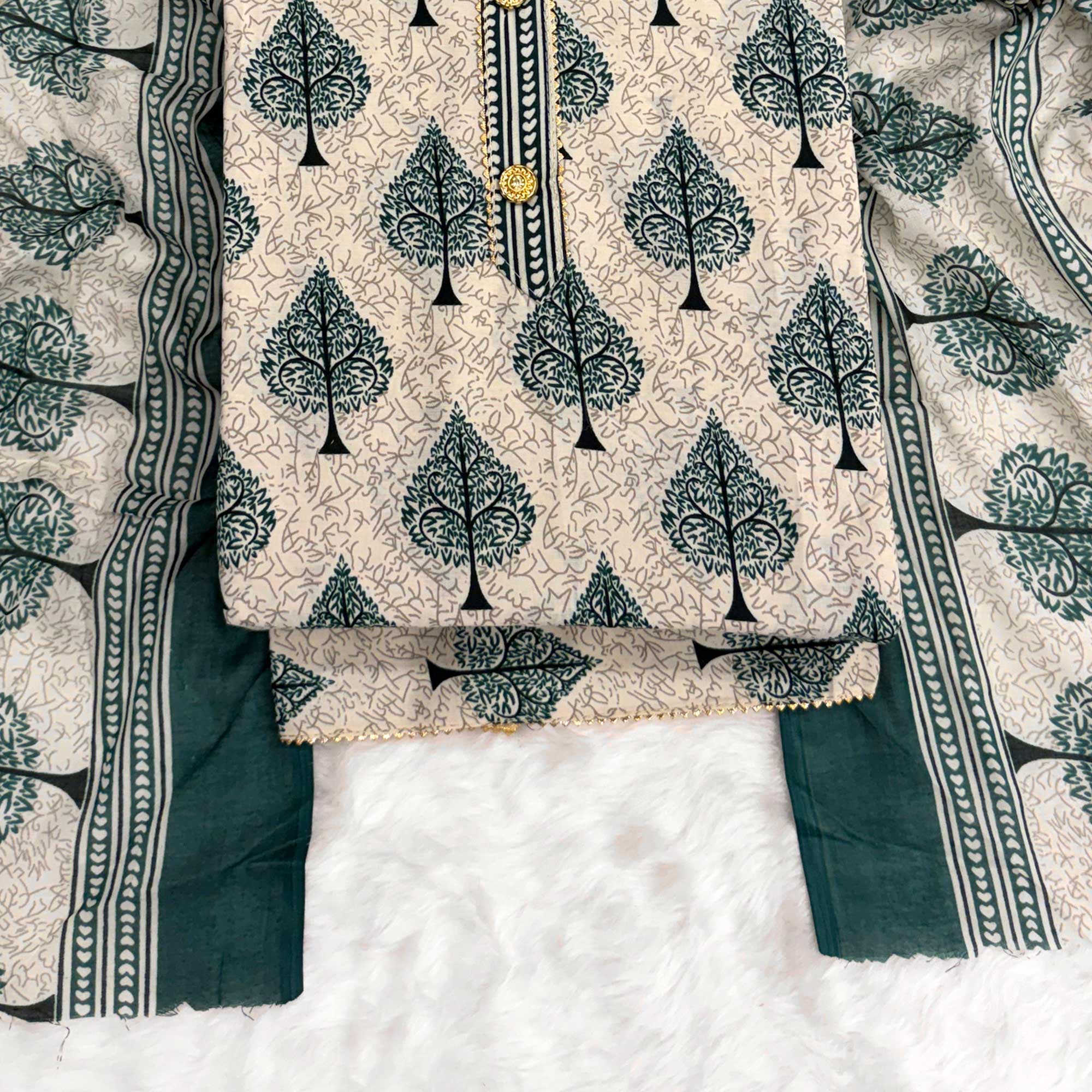 Vibrant Teal Green Leaf Printed Cotton Blend Dress Material Refined With Lace Border - Image 4