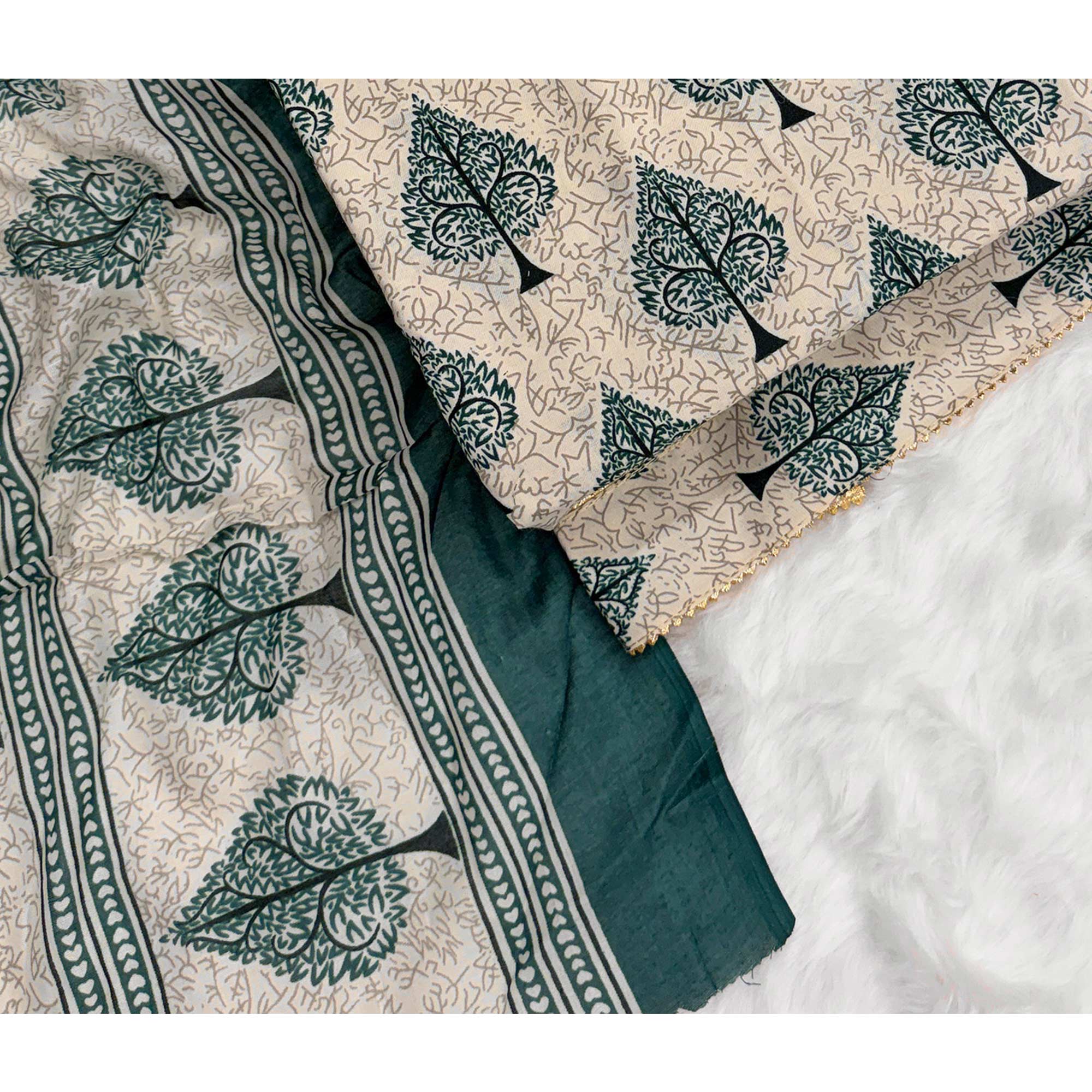 Vibrant Teal Green Leaf Printed Cotton Blend Dress Material Refined With Lace Border - Image 5