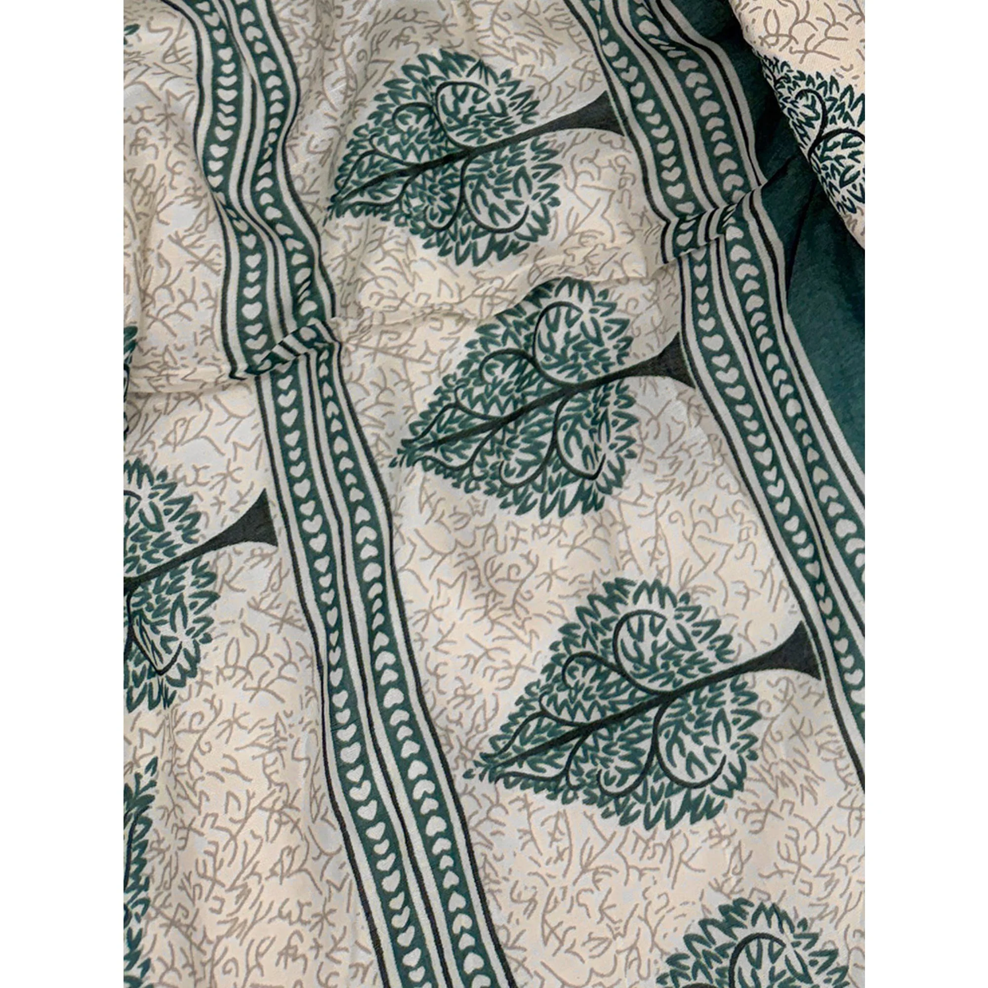 Vibrant Teal Green Leaf Printed Cotton Blend Dress Material Refined With Lace Border - Image 6