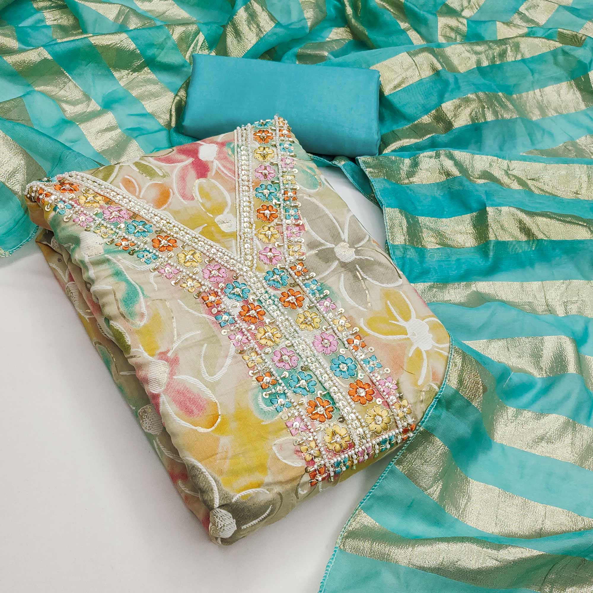 Vibrant Turquoise Floral Printed Roman Art Silk Dress Material Adorned With Beads & Sequins - Image 3