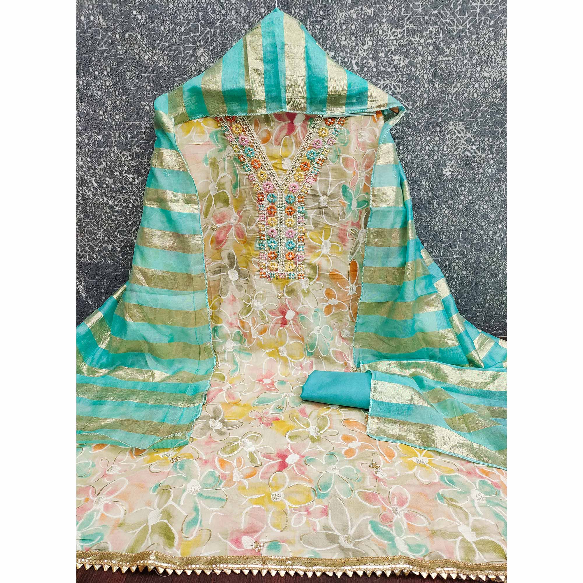 Vibrant Turquoise Floral Printed Roman Art Silk Dress Material Adorned With Beads & Sequins - Image 4